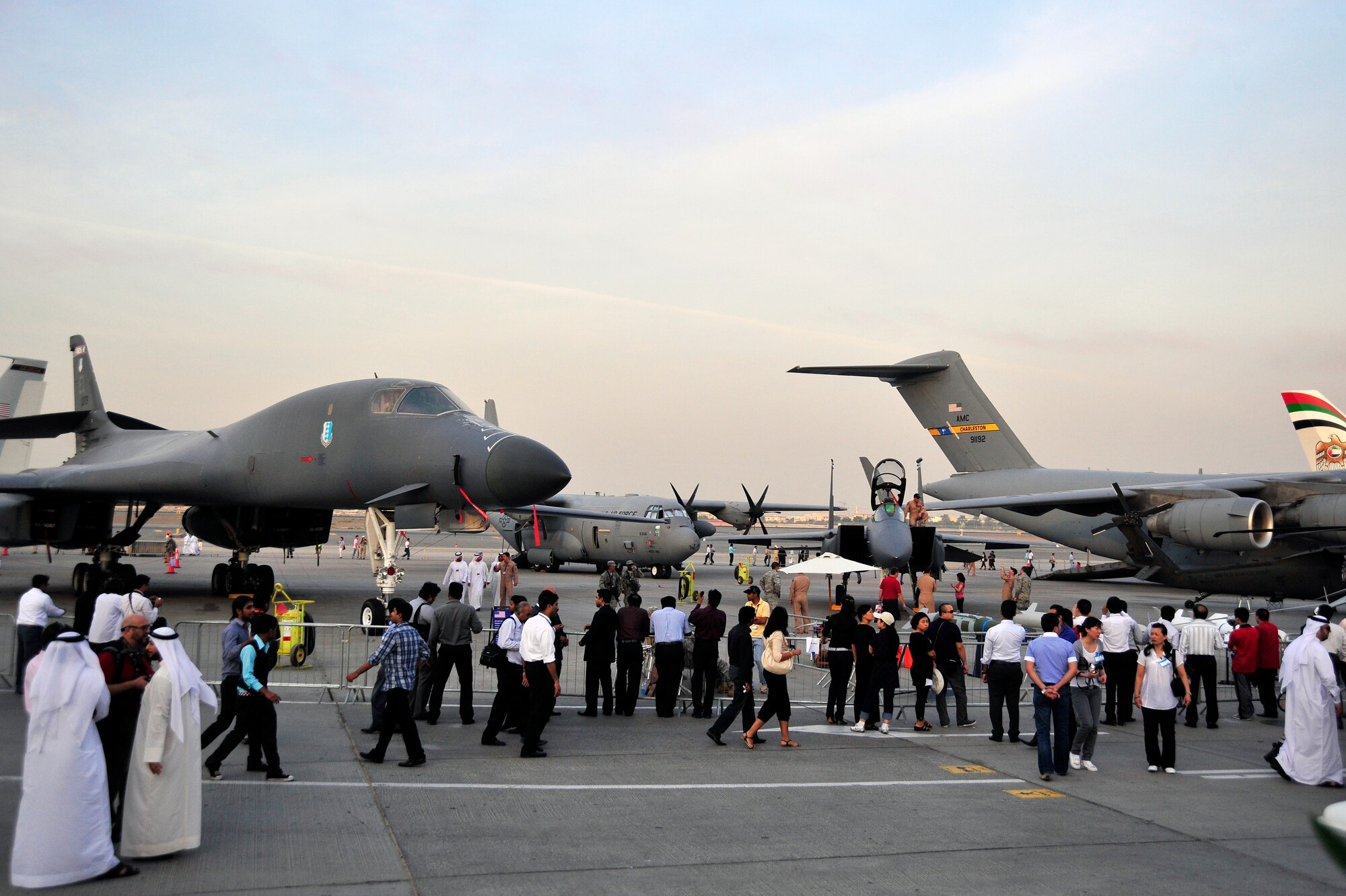 DUBAI, United Arab Emirates - Crowds gather at the Department of Defense static display aircraft during the Dubai Air Show Nov. 15, 2009. The air show was held at the Dubai International Airport Expo and featured aircraft such as the B-1B Lancer, C-17 Globemaster III, F-15E Strike Eagle and the C-130J Hercules. (U.S. Air Force photo/Tech. Sgt. Charles Larkin Sr)