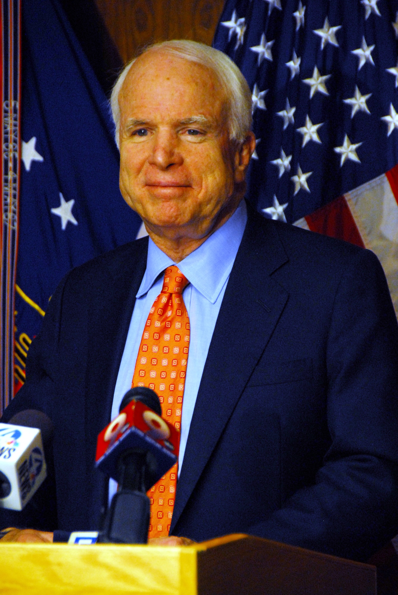 U.S. Senator John McCain answers questions during a news conference Nov. 24 at the Arizona Air National Guard base at Tucson International Airport. Senator McCain visited to show support for the 162nd Fighter Wing and its future.  (U.S Air Force photo by Master Sgt. David Neve)