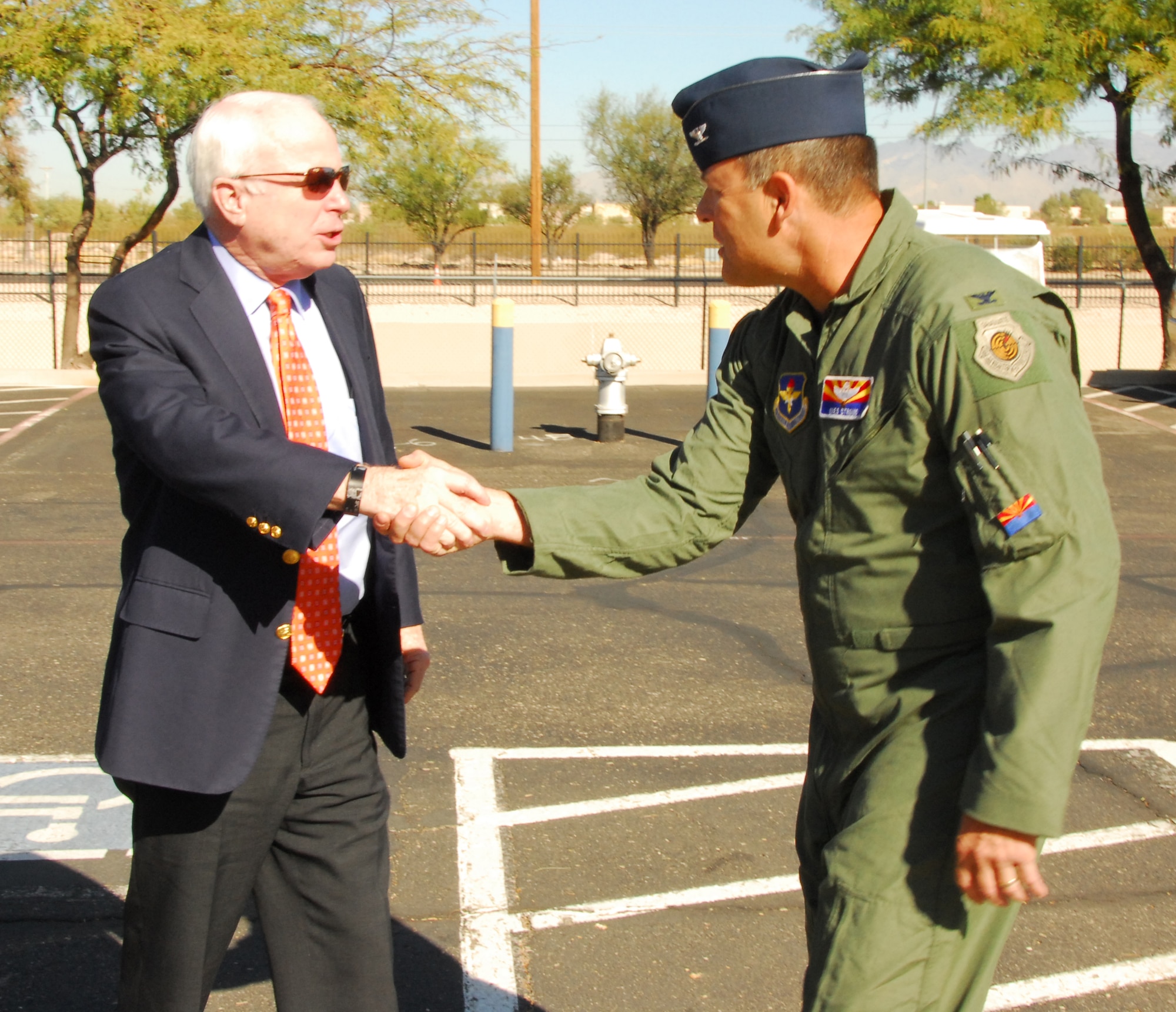 U.S. Senator John McCain greets Col. Greg Stroud, commander of the 162nd Fighter Wing, Arizona Air National Guard, Nov. 24. Senator McCain visited to show support for the wing and its future.  (U.S Air Force photo by Master Sgt. David Neve)