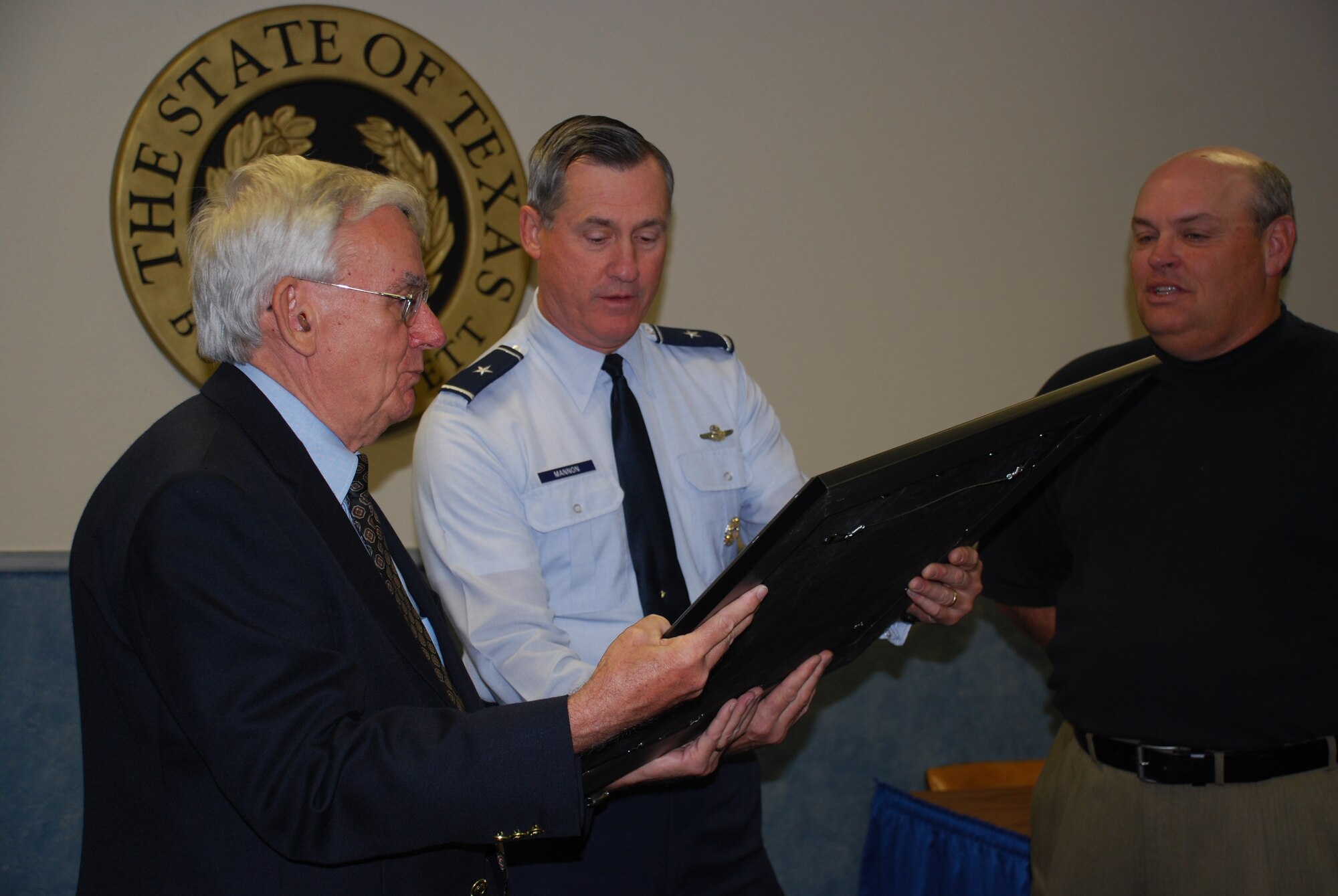 Burburnett, Texas Mayor Carl Law accepts a "thank you" presentation from 82nd Training Wing Commander Brig. Gen. O.G. Mannon for the city's role in the 50-year-old Squadron Adopter Program. (U.S. Air Force photo/Debi Smith)  