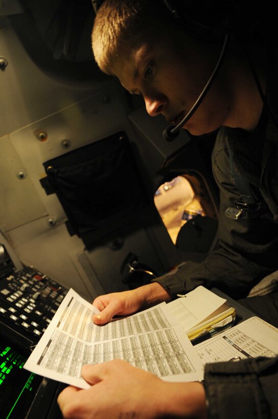 ELLSWORTH AIR FORCE BASE, S.D.--Capt. Dennis Bone, 34th Bomb Squadron B-1B Lancer weapons systems officer, proceeds through a weapons system preflight checklist Nov. 23. As a weapons systems officer, Captain Bone integrates with the pilot to collectively achieve and maintain crew efficiency, situational awareness and mission effectiveness. (U.S. Air Force photo/Airman 1st Class Corey Hook)