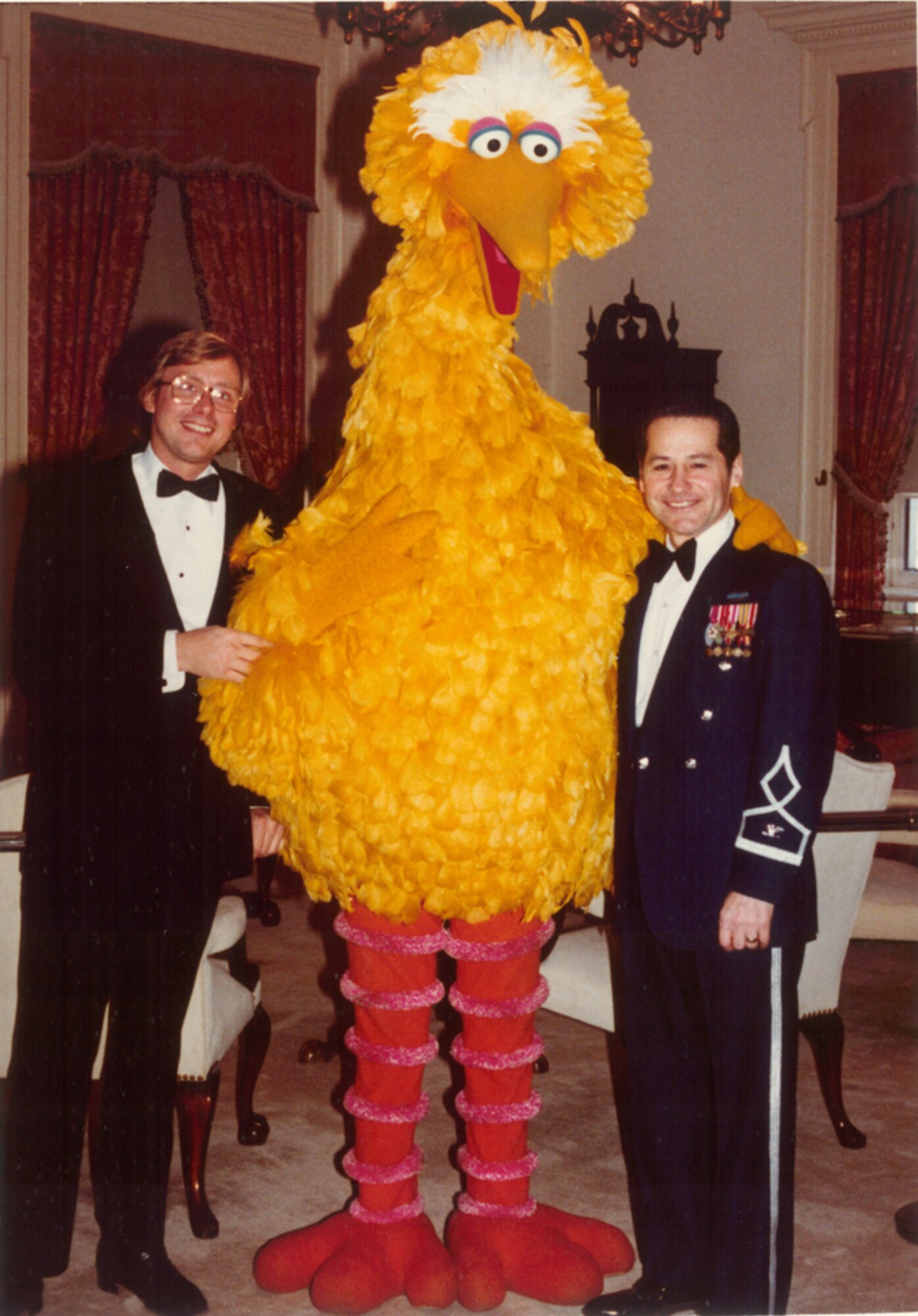 Big Bird of “Sesame Street” with Colonel Arnald D. Gabriel and Chris Core of WMAL Radio. Picture from a Guest Artist Series Concert at Constitution Hall on March 1, 1981.  If you have any additional behind-the-scenes stories from these events or memories to share, please email Band Historian <a href="mailto:usafbandhistorian@afncr.af.mil">Technical Sgt. Tracey MacDonald</a>.  This is Photo 20. (Gabriel Collection Photo)
