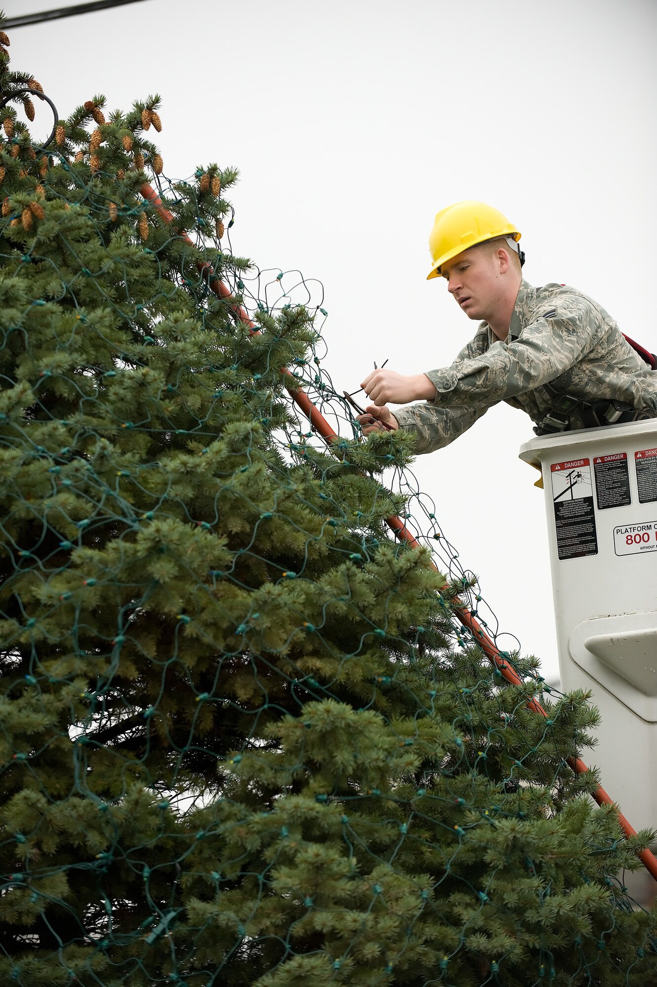 Airman 1st Class Spenser Hartline, 436th Civil Engineer Squadron, installs Christmas lights Nov. 24 near the Dover Air Force Base Main Gate. Team Dover will host a Christmas Tree Lighting ceremony Dec. 1 at 5 p.m. at the Dover Air Force Base Main Gate. (U.S. Air Force photo/ Jason Minto)
