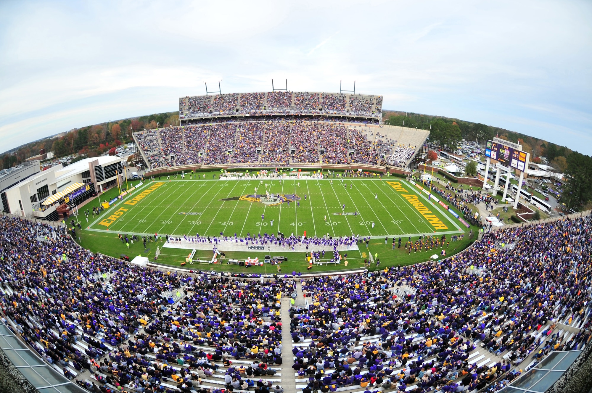East Carolina University Dowdy-Ficklen Stadium is packed with the school's colors of purple and gold for Military Appreciation Day Nov. 21, 2009. ECU defeated the University of Alabama at Birmingham, 37 to 21. (U.S. Air Force photo/Airman 1st Class Rae Perry)