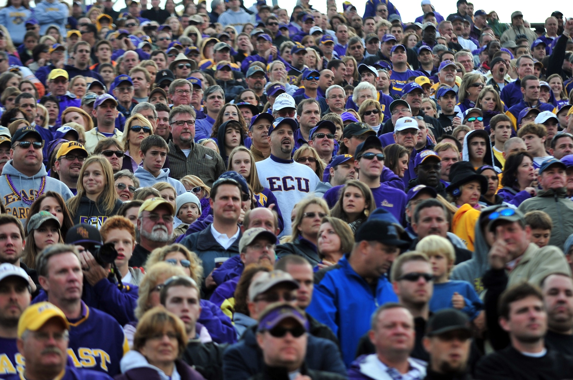 A sea of purple and gold fills the East Carolina University Dowdy-Ficklen Stadium on Military Appreciation Day Nov. 21, 2009. The home of the ECU Pirates is located in Greenville, N.C., about an hour away from Seymour Johnson Air Force Base in Goldsboro, N.C. (U.S. Air Force photo/Airman 1st Class Rae Perry)