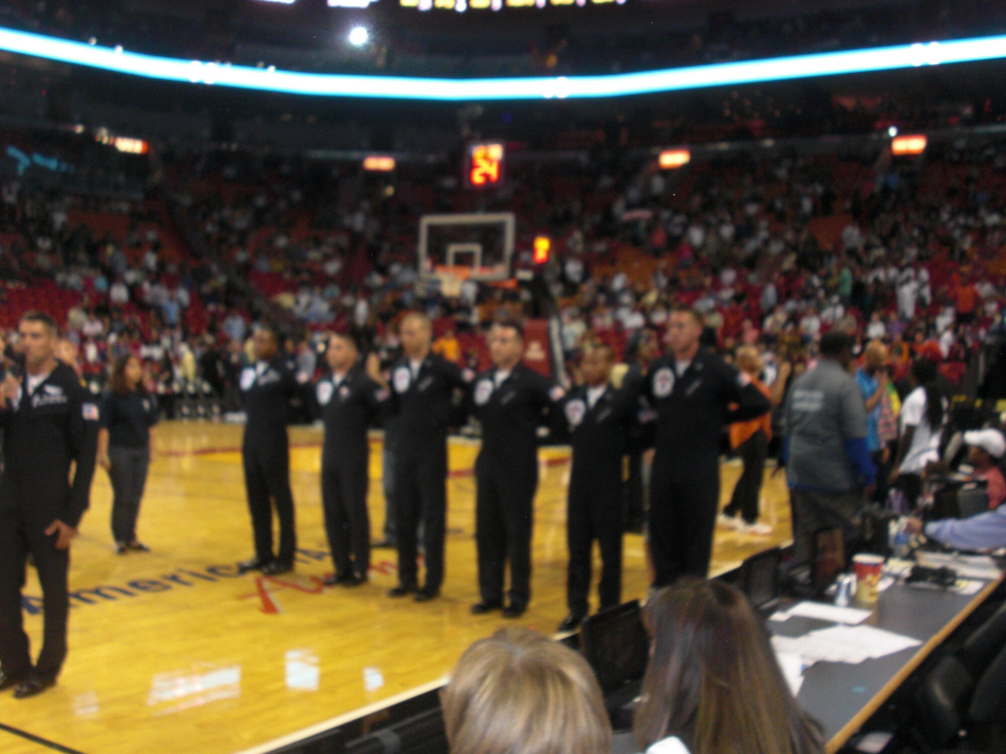 Miami, FL – The National Basketball Association’s Miami Heat, held a military appreciation night to honor the newest recruits in the Miami, Florida area.  

Forty young men and women were administered the oath of enlistment in front of a crowd of approximately 15,000 Miami Heat fans.   

The oath of enlistment is recited by every member of the Air Force, not only as a commitment to the Air Force, but a commitment to the nation.  

These young men and women were honored to be sworn in by Lt. Col. Greg Thomas, U.S. Air Force Thunderbird team commander.  

One of the United States Air Forces newest recruits, Carlos Encarnacion who is 21 years of age said “I felt honored to be sworn in front of my home town crowd and I am honored to be part of the greatest Air Force in the world”. 

The efforts of the Miami Heat to honor the United States military show the patriotism of the Miami area and help boost the recruiting efforts of the men and women of the 333rd Recruiting Squadron, Melbourne, Fla.  

The United States Air Force Thunderbirds Aerial Demonstration Team was in Miami and Homestead, Florida to be the main event in the Wings over Homestead Air Show November 7 - 8, 2009. 
