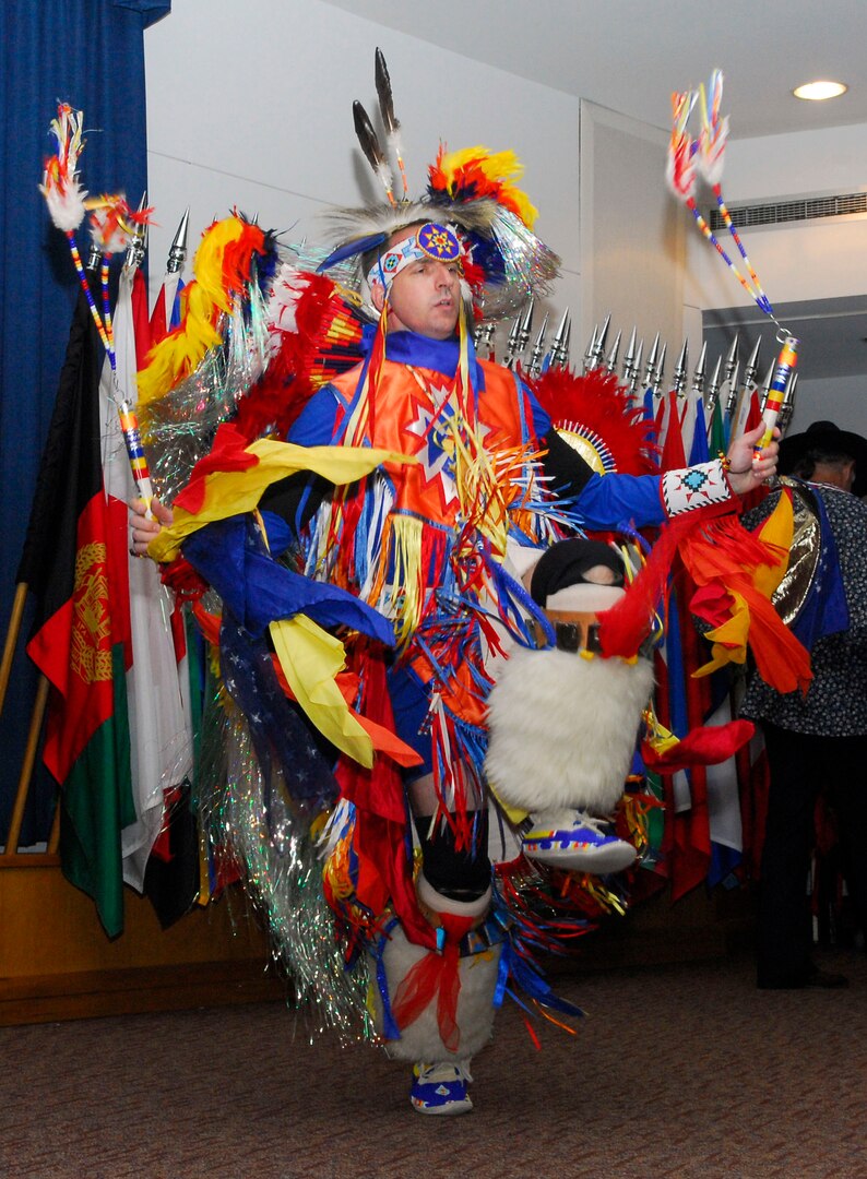 Keetoowah Indian Dancers perform during the Defense Language Institute English Language Center Native American Heritage program Nov. 16. Along with the dancers, the program included a traditional blessing ceremony and a guest speaker. The event was among several celebrating Native American Heritage Month by recognizing the contributions of Native Americans to American history and military culture. (U.S. Air Force photo/Alan Boedeker)  