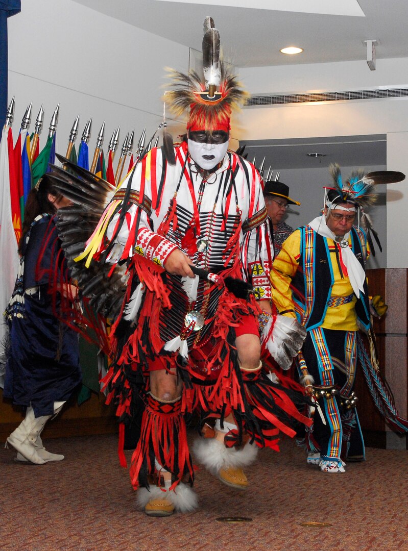 Keetoowah Indian Dancers perform during the Defense Language Institute English Language Center Native American Heritage program Nov. 16. Along with the dancers, the program included a traditional blessing ceremony and a guest speaker. The event was among several celebrating Native American Heritage Month by recognizing the contributions of Native Americans to American history and military culture. (U.S. Air Force photo/Alan Boedeker)  