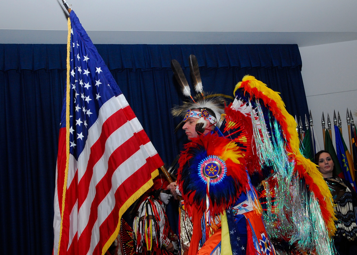 Keetoowah Indian Dancers perform during the Defense Language Institute English Language Center Native American Heritage program Nov. 16. Along with the dancers, the program included a traditional blessing ceremony and a guest speaker. The event was among several celebrating Native American Heritage Month by recognizing the contributions of Native Americans to American history and military culture. (U.S. Air Force photo/Alan Boedeker)  