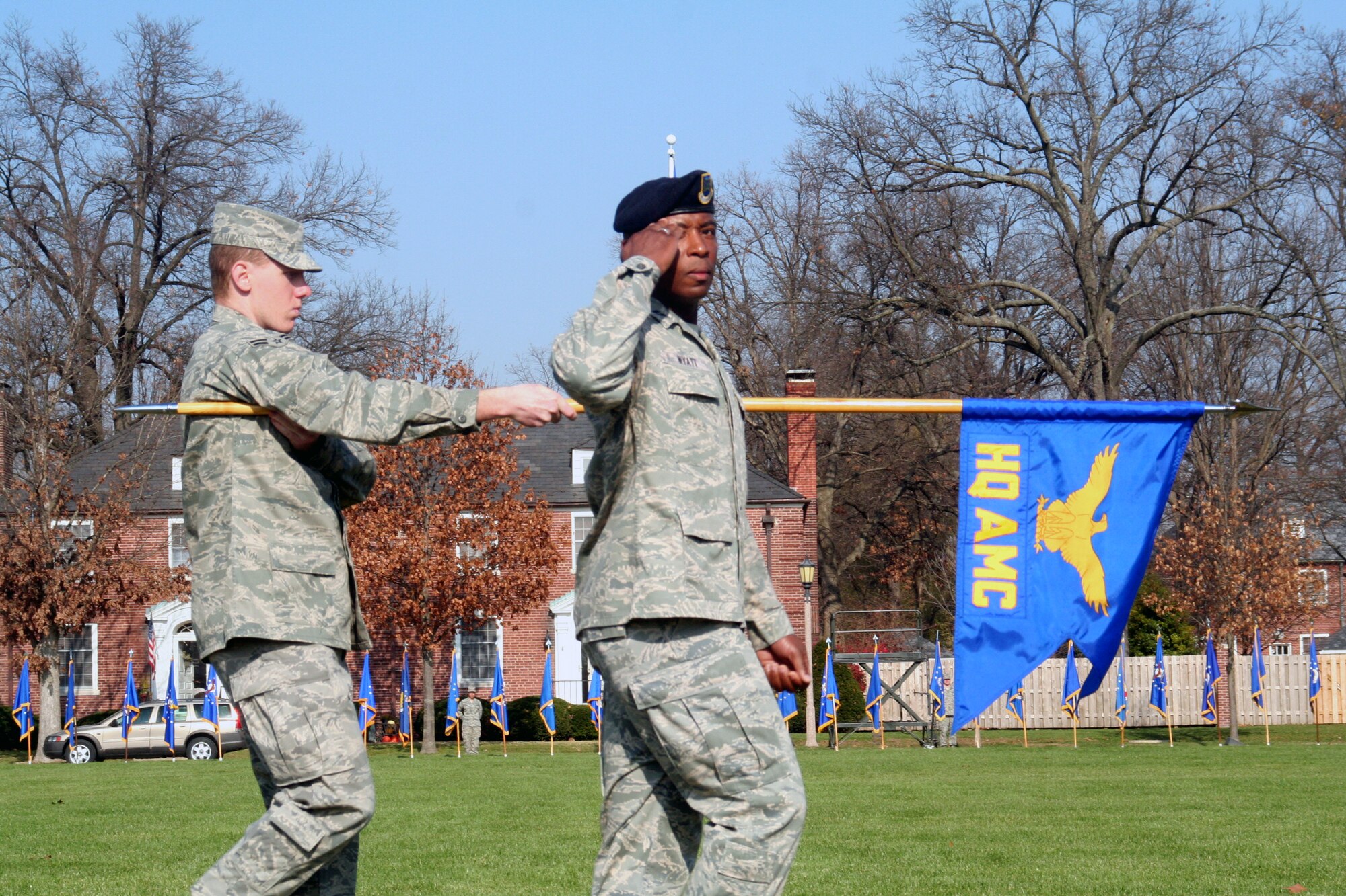 Air Mobility Command Airmen participate in the AMC change of command ceremony on Nov. 20, 2009, at Scott Air Force Base, Ill.  During the ceremony, Gen. Raymond E. Johns took command of AMC. (U.S. Air Force Photo/Tech. Sgt. Scott T. Sturkol)