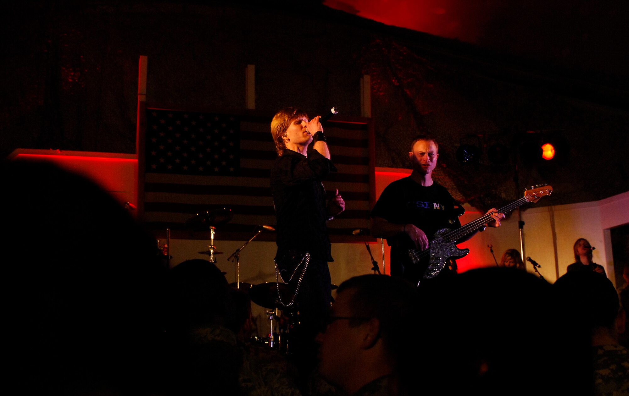 BAGRAM AIRFIELD, Afghanistan -- Gary Sinise and Kimo Williams met in 1997 while working together on a play called "A Streetcar Named Desire," in Chicago. They continued to meet and have jam sessions on the guitar and bass, gradually adding other musicians. The Lt. Dan Band did their first USO tour in 2004, visiting Korea, Singapore and Diego Garcia - since then they average 30-40 shows a year, with 75% of the profits going towards the USO and other charities. The band name was chosen because Mr. Sinise was constantly recognized by a character he played in the movie "Forrest Gump" called Lt. Dan. (U.S. Air Force photo/ Senior Airman Susan Tracy)