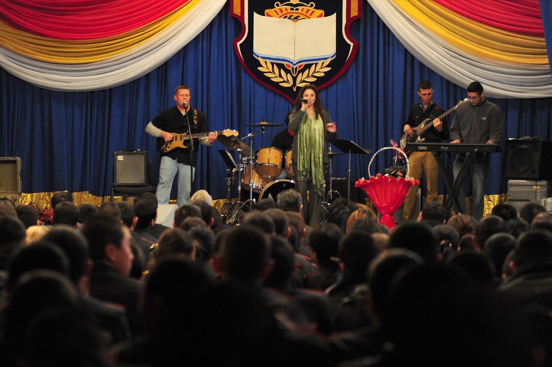 BISHKEK, Kyrgyzstan -- U.S. Air Forces Central Sirocco Band performs for a large audience at the Academy for the Ministry of Internal Affairs, Nov. 18, 2009. (U.S. Air Force photo/Senior Airman Steele C. G. Britton)