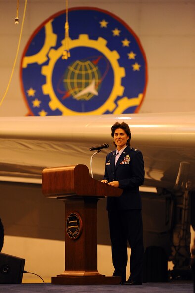 OFFUTT AIR FORCE BASE, Neb. - Lt. Col. Dana C. McCown, 55th Maintenance Squadron commander, speaks to attendees of her promotion ceremony Nov. 24 at the Bennie Davis Maintenance Facility here. After her promotion, Colonel McCown was bestowed with an Admiralship into the Great Navy of Nebraska by Nebraska's first lady Sally Ganem, for the colonel's contributions with the Nebraska Mothers Against Drunk Driving organization. U.S. Air Force Photo by Josh Plueger
