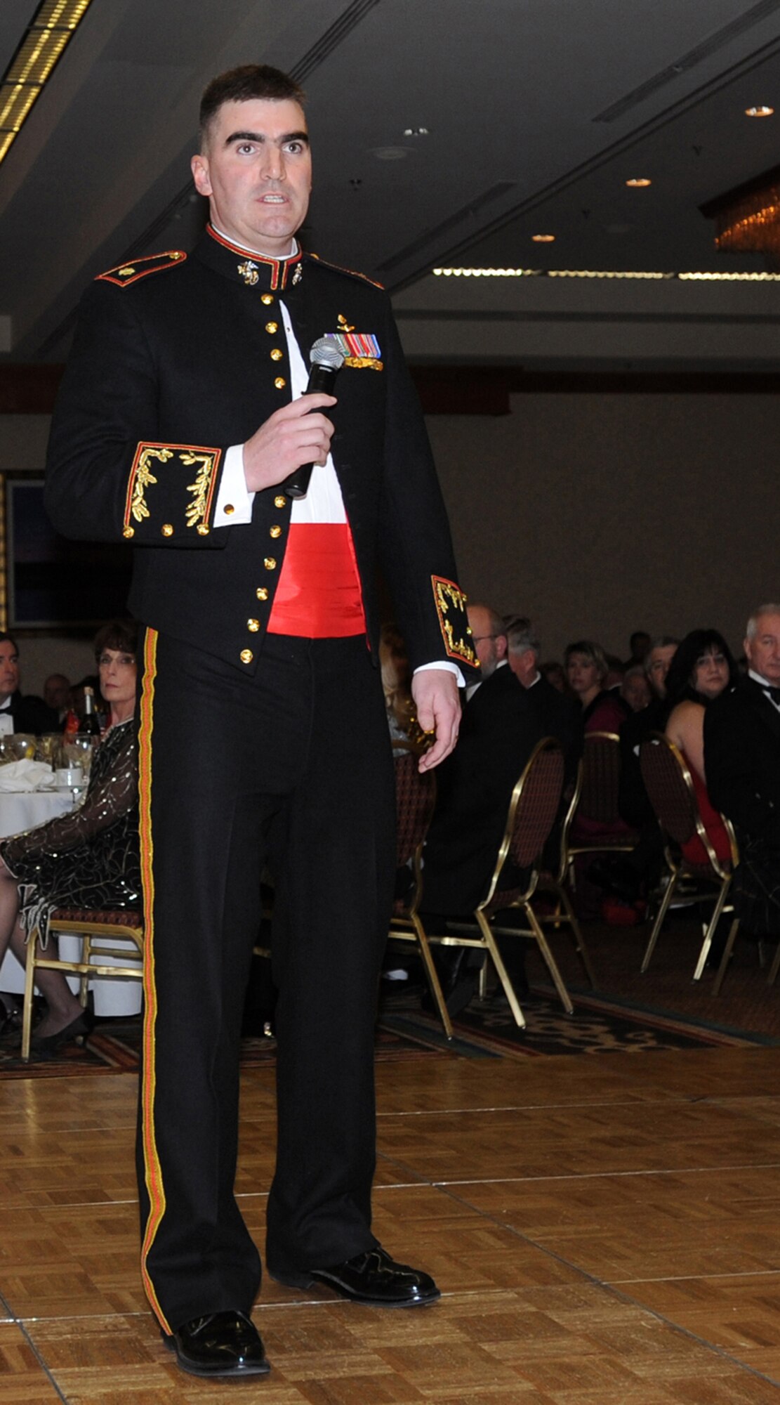 ANCHORAGE, Alaska -- Maj. William Allen, commander of D Company (-) Anti-Terrorism Battalion 4th Marine Division speaks to the crowd gathered for the United States Marine Corps 234th Birthday Ball Nov. 21, 2009 at the downtown Anchorage Hilton. The ball was held in memory and in honor of Marines and Sailors past and present, and American citizens around the world who are heroically defending the cause of freedom and liberty. (U.S. Air Force photo/Senior Airman Laura Turner)