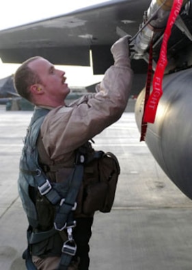 Capt. Mike Polidor, 335th Expeditionary Fighter Squadron pilot, preforms a preflight inspection on an F-15E Strick Eagle. Captain Polidor is deployed to Bagram Air Base, Afghanistan, from Seymour Johnson Air Force Base, N.C. (U.S. Air Force photo/Senior Airman Felicia Juenke)
