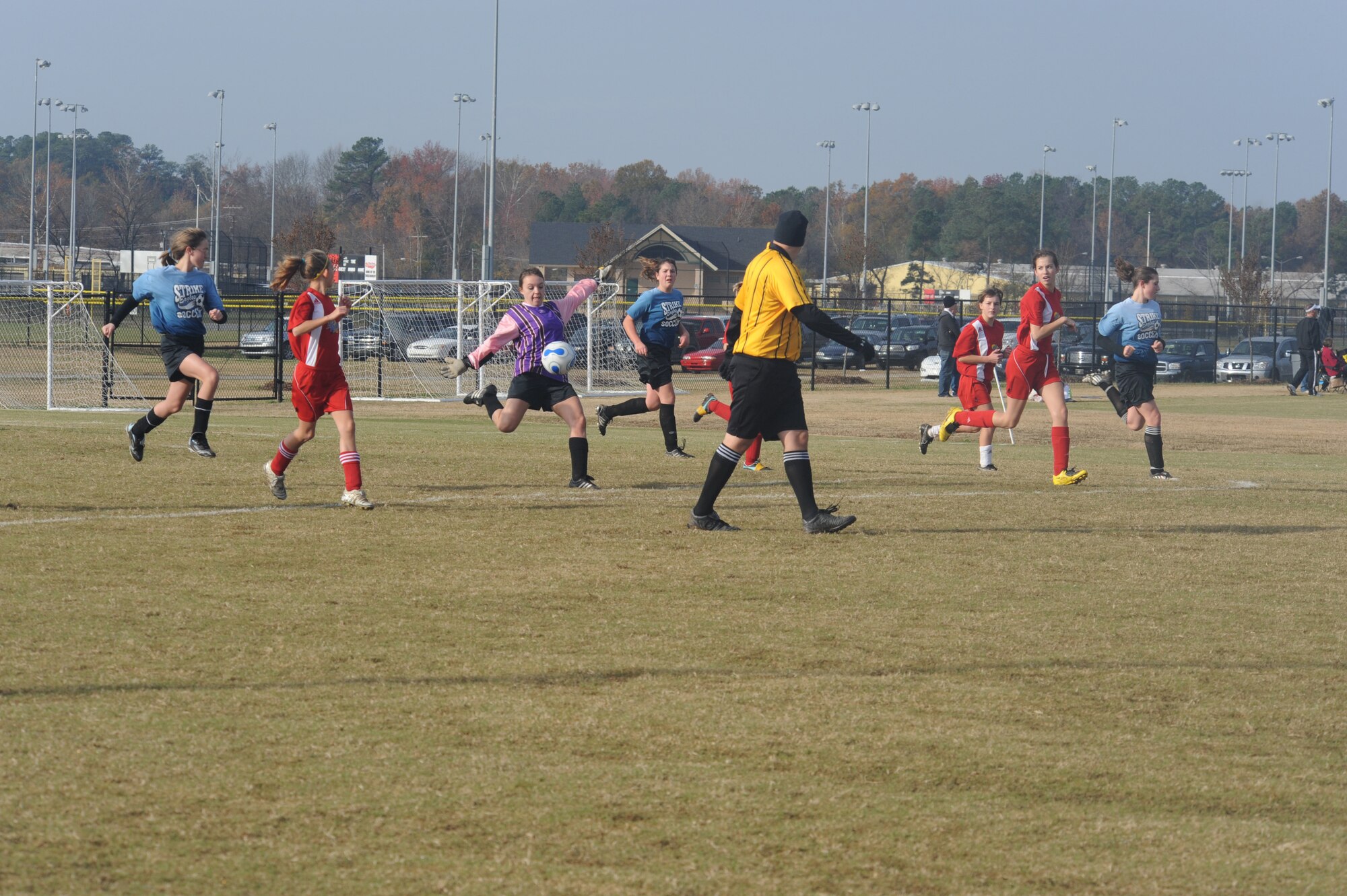 Miranda McHale, Strike Eagle FC goalie, kicks the ball down field in the team’s first match against Burlington-Red Robin during a two-day 2009 State Wide Athletic Counsel Tournament held at the Rocky Mount Sports Complex, in Rocky Mount, N.C., Nov. 21-22, 2009. Burlington-Red Robin beat Strike Eagle FC, 4-1. More than 30 boys and girls, ages, 12 to 15 years old, comprised the Strike Eagle FC teams from Seymour Johnson Air Force Base and the Goldsboro YMCA youth programs. (U.S. Air Force photo/Tech. Sgt. Lesley Waters)