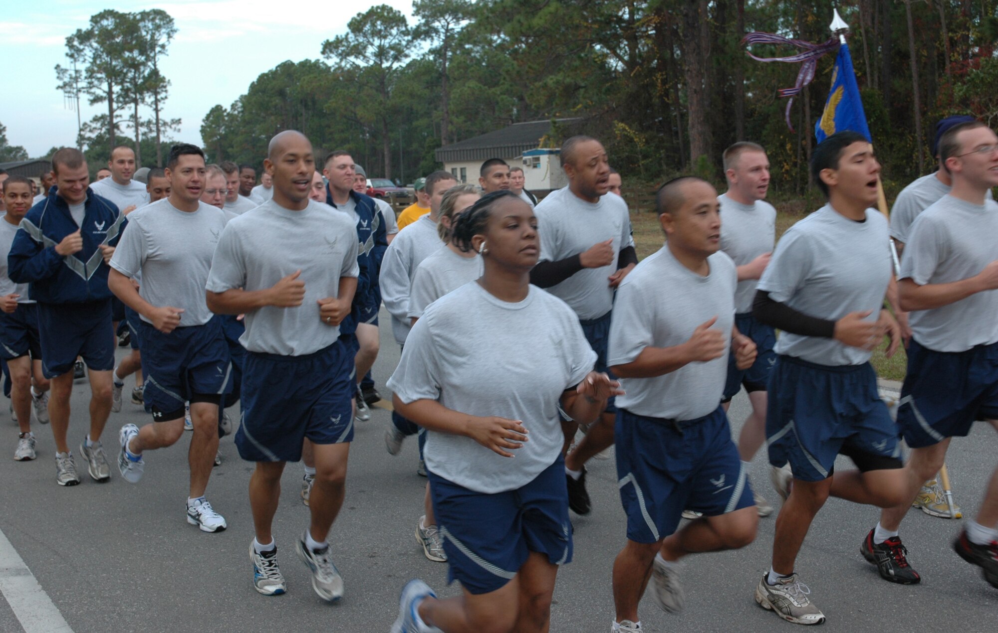 Airmen run as a flight during the 5k Turkey Trot at the Aderholt Fitness Center at Hurlburt Field Nov. 25. Event organizers said that attendance at this year’s run was the most of any previous Turkey Trot.  (Air Force photo by Airman 1st Class Joe McFadden)