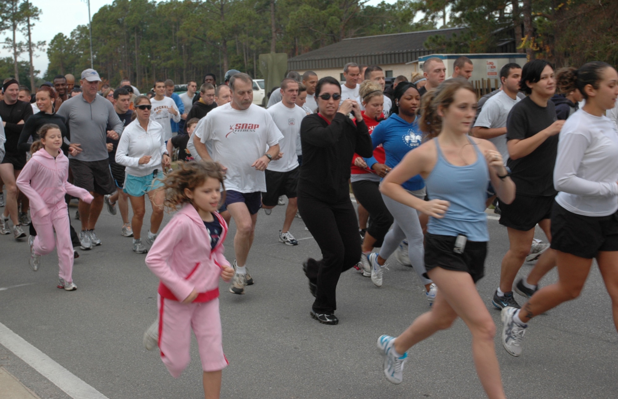 Airmen and civilians run at their own pace during the 5k Turkey Trot at the Aderholt Fitness Center at Hurlburt Field Nov. 25. Participants later took part in a raffle where turkeys and gift certificates were given out as prizes. (Air Force photo by Airman 1st Class Joe McFadden)