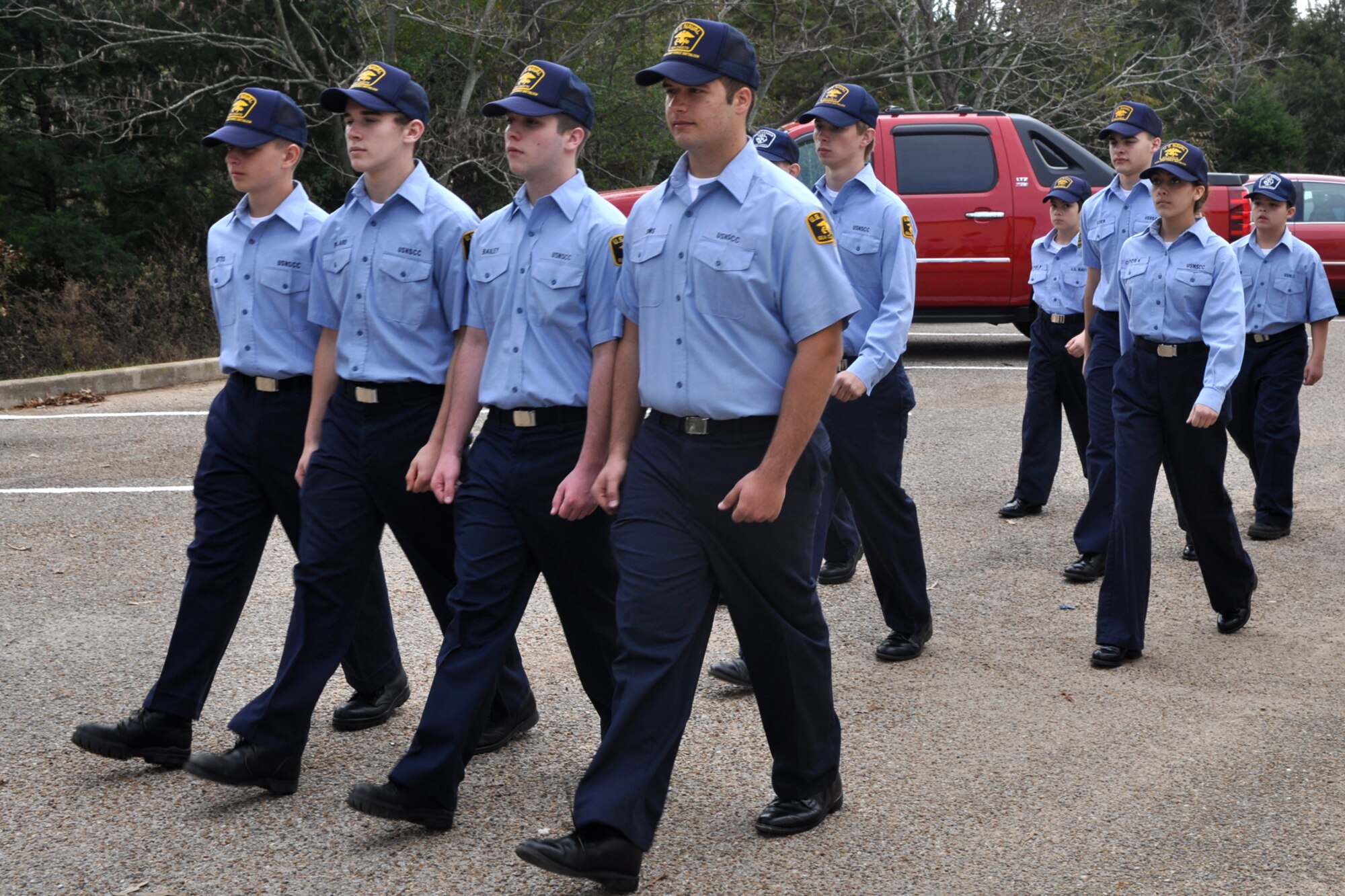 Cadets from the Tyler Joint Force Battalion of the U.S. Naval Sea Cadet Corps practice for a U.S. Flag Retirement Ceremony at the American Legion Post 12 in Tyler, Texas, November 21, 2009. Early next year, the TJFB cadets plan to retire more than 100 flags that have been collected by various organizations and individuals. The ceremony is used to promote American Heritage and provide a Community service by honorably disposing of worn United States Flags. (Courtesy photo)