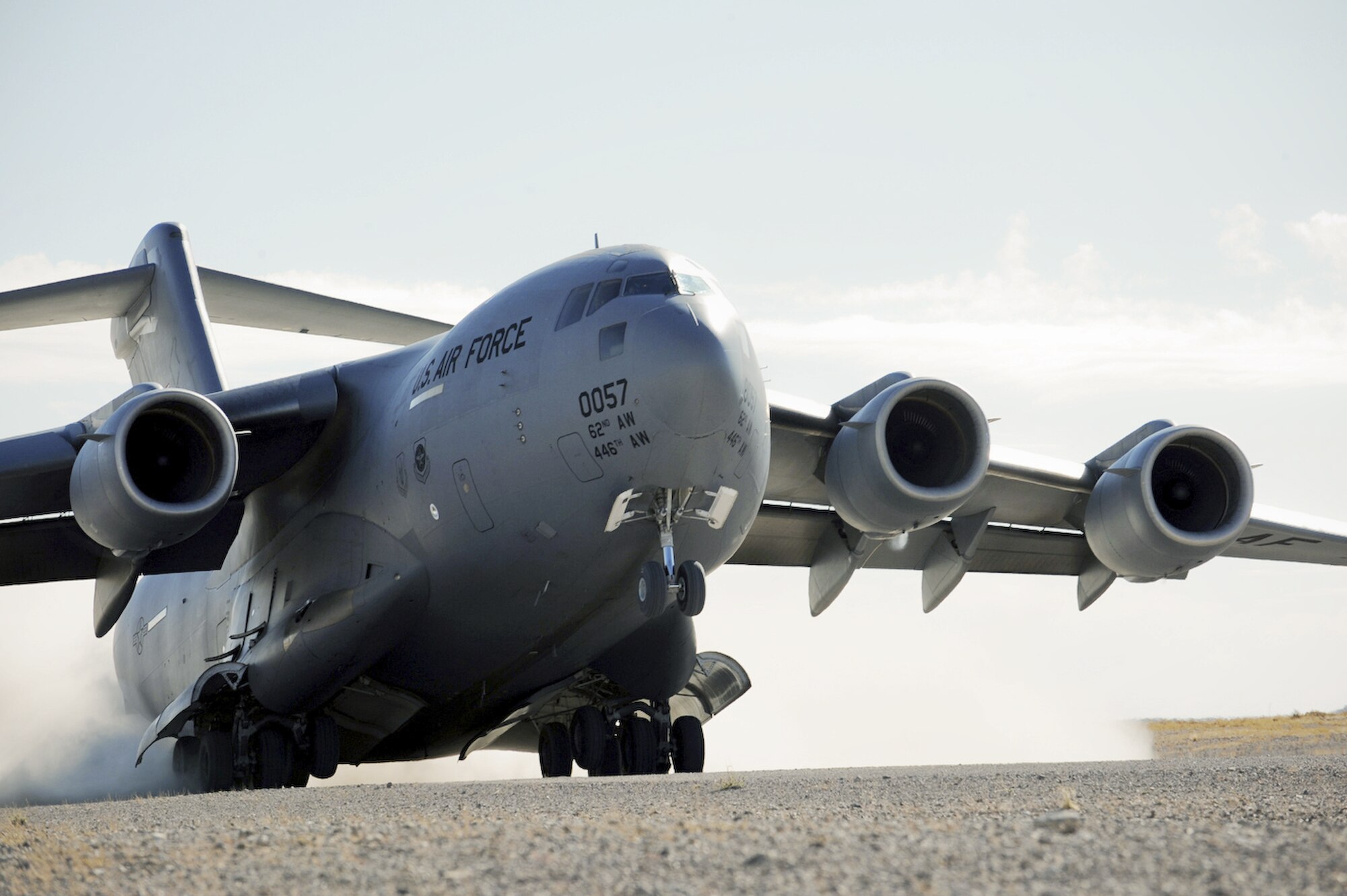 A C-17 Globemaster III takes off from an airfield on the Nevada Test and Training Range near Nellis Air Force Base during the Mobility Air Forces Exercise Nov. 18, 2009. The C-17 is participating in the exercise which provides realistic training for combat air forces, mobility air forces and U.S. Army Soldiers. (U.S. Air Force photo/Airman 1st Class Brett Clashman)