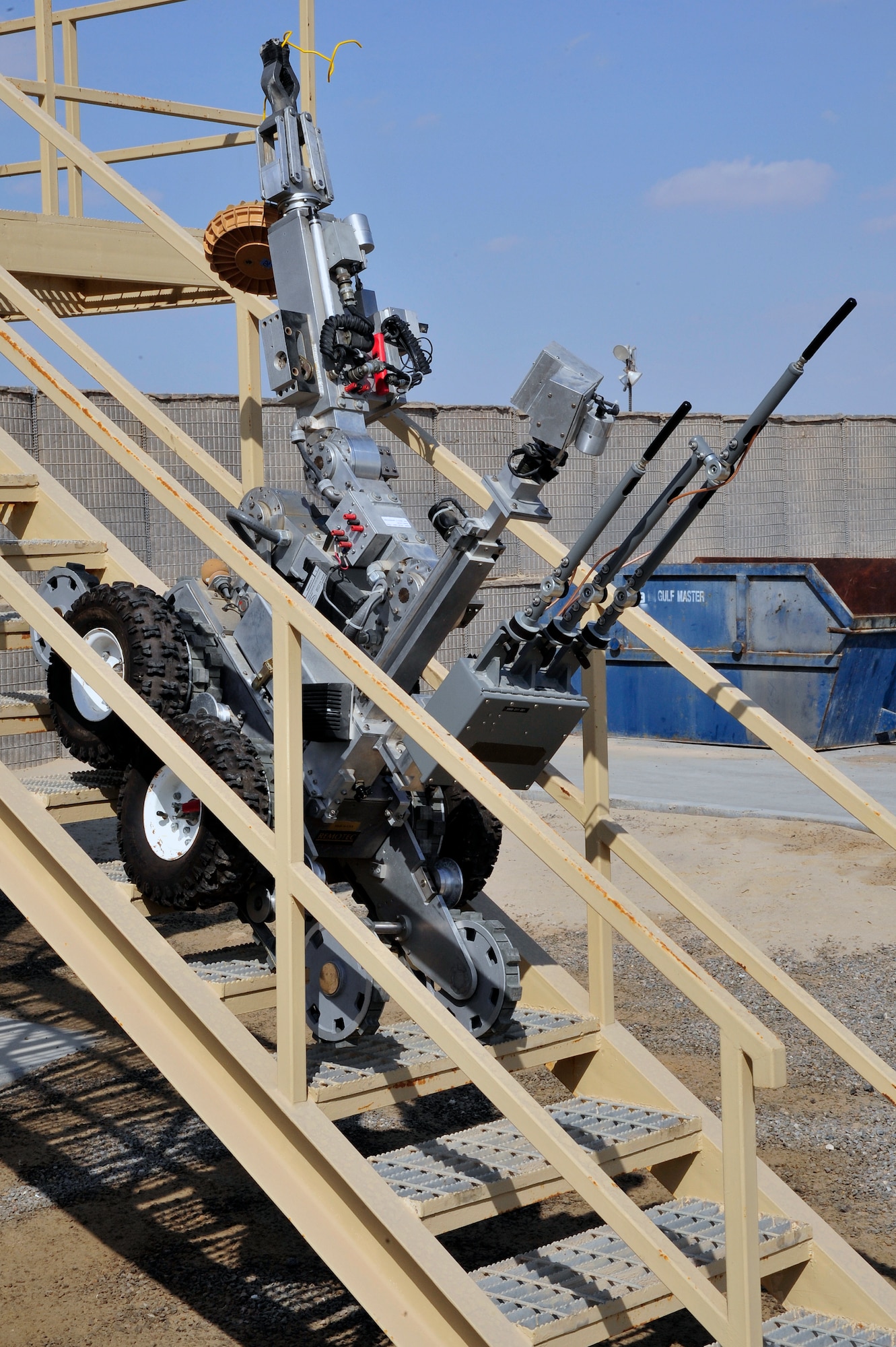 SOUTHWEST ASIA - A 380th Expeditionary Civil Engineer Squadron explosive ordnance disposal robot is remotely operated down a flight of stairs Nov. 24, 2009. The robot enables EOD technicians to keep their distance when dealing with possibly dangerous situations. (U.S. Air Force photo/Tech. Sgt. Charles Larkin Sr)
