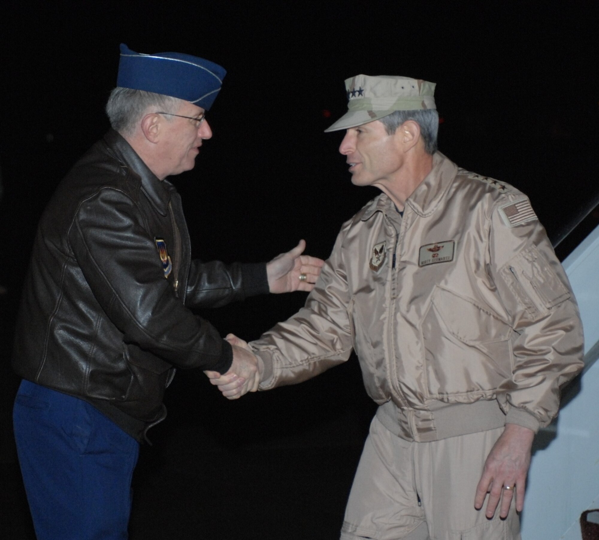 RAMSTEIN AIR BASE, Germany--U.S. Air Force Chief of Staff, General Norman Schwartz, is greeted by U.S. Air Forces in Europe commander, General Roger Brady, during his visit to Ramstein to attend NATO's Northern Region Airmen's Summit.  The summit provided a forum for an exchange of views for NATO and Partnership for Peace air forces. (U.S. Air Force photo/Master Sergeant Corey A. Clements)