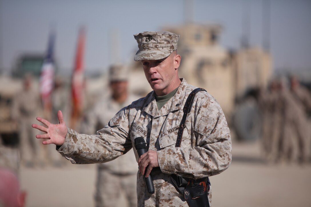 Lt. Col. Christopher Downs, commander of 8th Engineer Support Battalion, 1st Marine Logistics Group (Forward), 40, from Catskill, N.Y., addresses attendees during a transfer of authority ceremony at Camp Leatherneck, Afghanistan, Nov. 25. The Marines of 8th ESB, 1st MLG (FWD), assumed authority from the Okinawa-based 9th Engineer Support Battalion, officially marking the start of their 7-month deployment in support of Operation Enduring Freedom.