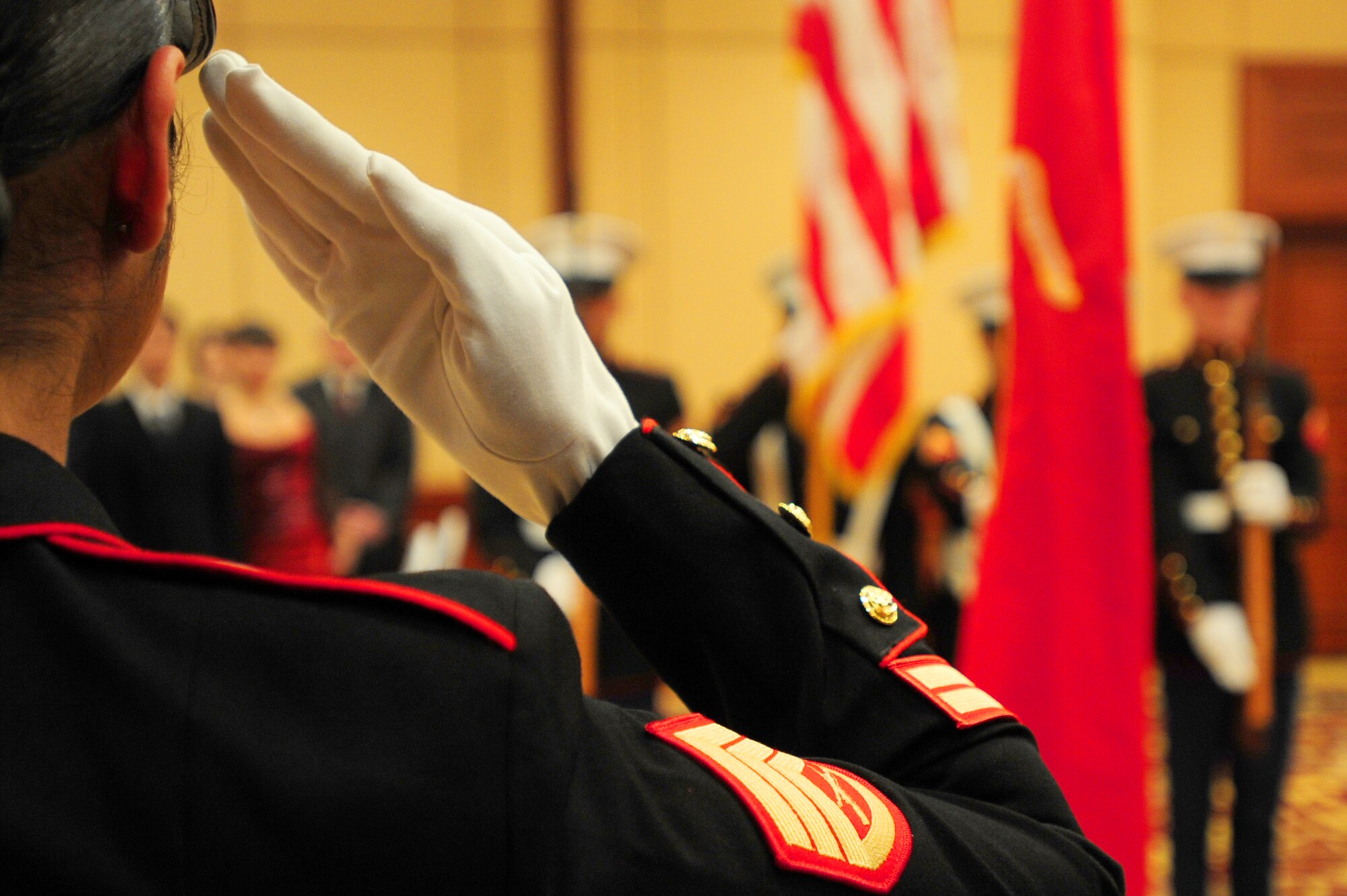 BISHKEK, Kyrgyzstan -- Staff Sgt. Maria Zamora, Kyrgyzstan Marine Security Guard Detachment commander, salutes the colors at the Marine Corps Ball in Bishkek, Nov. 21, 2009. The Marine Corps celebrated their 234th Birthday this year. (U.S. Air Force photo/Senior Airman Steele C. G. Britton)