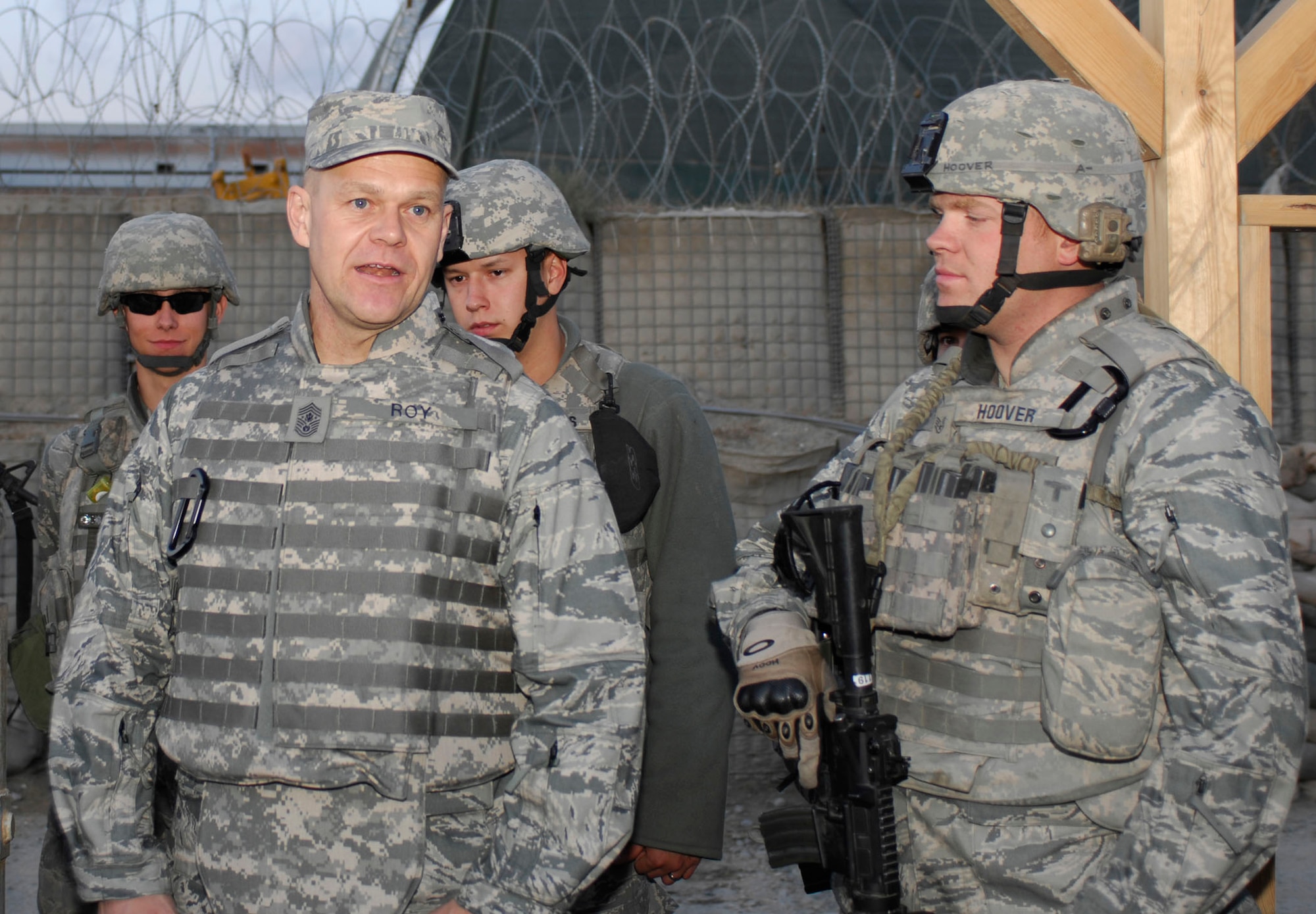 BAGRAM AIRFIELD, Afghanistan -- Chief Master Sgt. of the Air Force James A. Roy talks with Airmen from the 455th Expeditionary Security Forces Squadron, Nov. 28, 2009. Chief Roy wanted to hear what the Airmen had on their minds in a deployed environment. "I wanted to also thank you, your spouses and your family for the sacrifices you and they are making while you are deployed defending our nation," he said.  The 455th ESFS is the largest security forces squadron outside the United States. (U.S. Air Force photo/Tech. Sgt. John Jung)