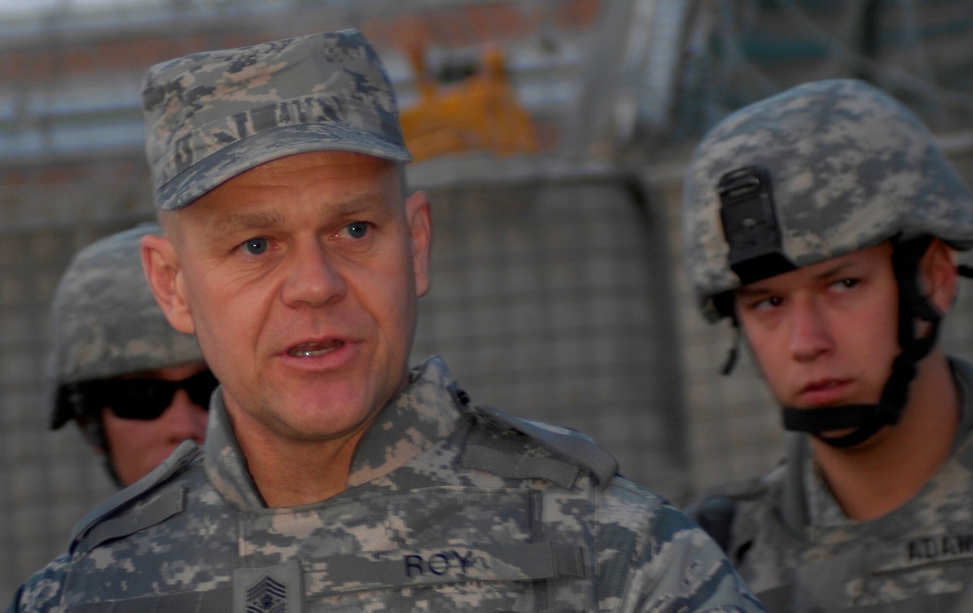 BAGRAM AIRFIELD, Afghanistan -- Chief Master Sgt. of the Air Force James A. Roy talks with Airmen from the 455th Expeditionary Security Forces Squadron, Nov. 28, 2009. Chief Roy wanted to hear what the Airmen had on their minds in a deployed environment. "I wanted to also thank you, your spouses and your family for the sacrifices you and they are making while you are deployed defending our nation," he said.  The 455th ESFS is the largest security forces squadron outside the United States. (U.S. Air Force photo/Tech. Sgt. John Jung)