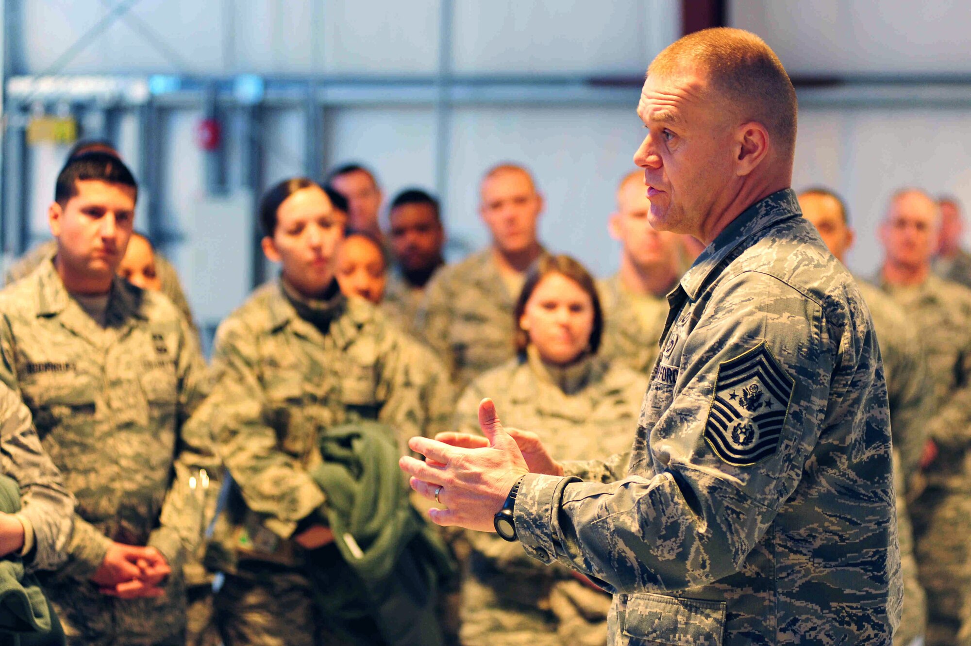 Chief Master Sgt. of the Air Force James A. Roy speaks at an Airman's Call Nov. 27, 2009, at the Transit Center at Manas, Kyrgyzstan. (U.S. Air Force photo/Senior Airman Steele C. G. Britton)