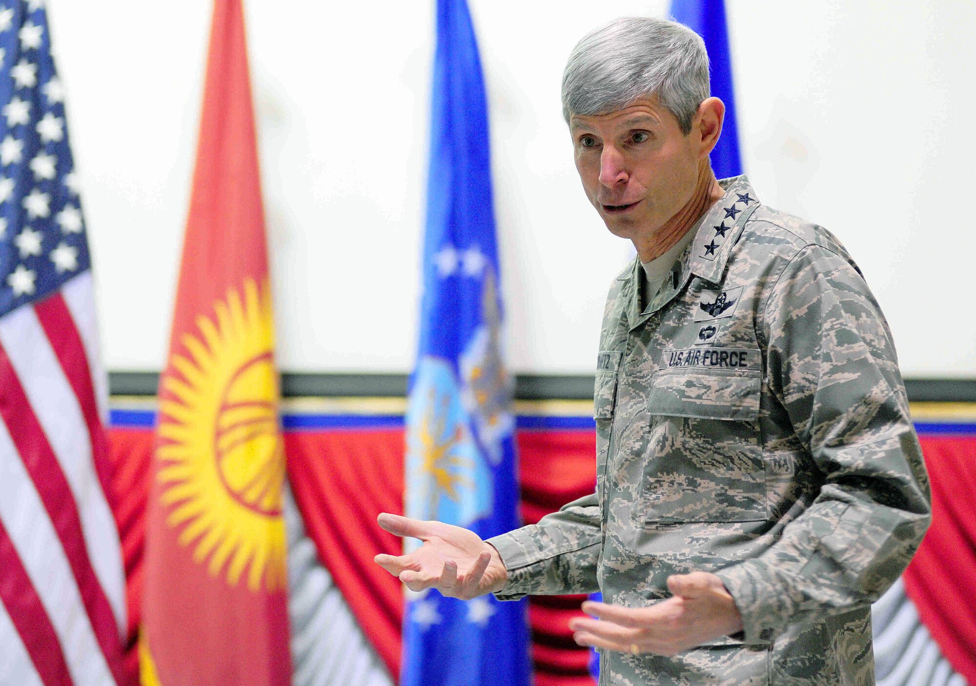 Air Force Chief of Staff Gen. Norton Schwartz speaks to Airmen Nov. 27, 2009, at the Transit Center at Manas, Kyrgyzstan. (U.S. Air Force photo/Senior Airman Steele C. G. Britton)

