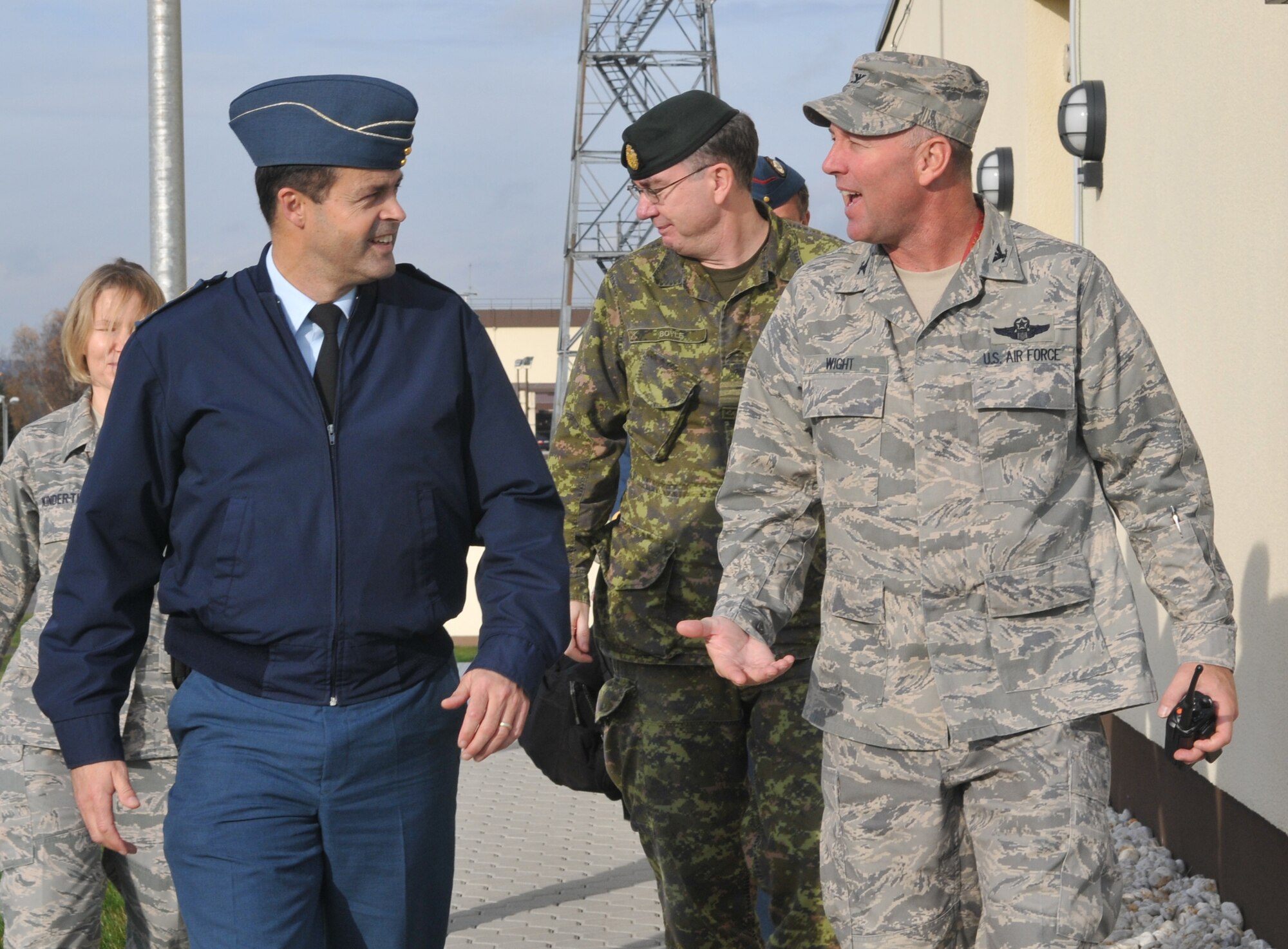 SPANGDAHLEM AIR BASE, Germany -- Col. Tip Wight, 52nd Fighter Wing commander, speaks to Maj. Gen. Tom Lawson, assistant chief of the Canadian Air Staff, Nov. 25. General Lawson came here to visit the Canadian detachment, a transit center for Canadian Forces. (U.S. Air Force photo/Airman 1st Class Nick Wilson)