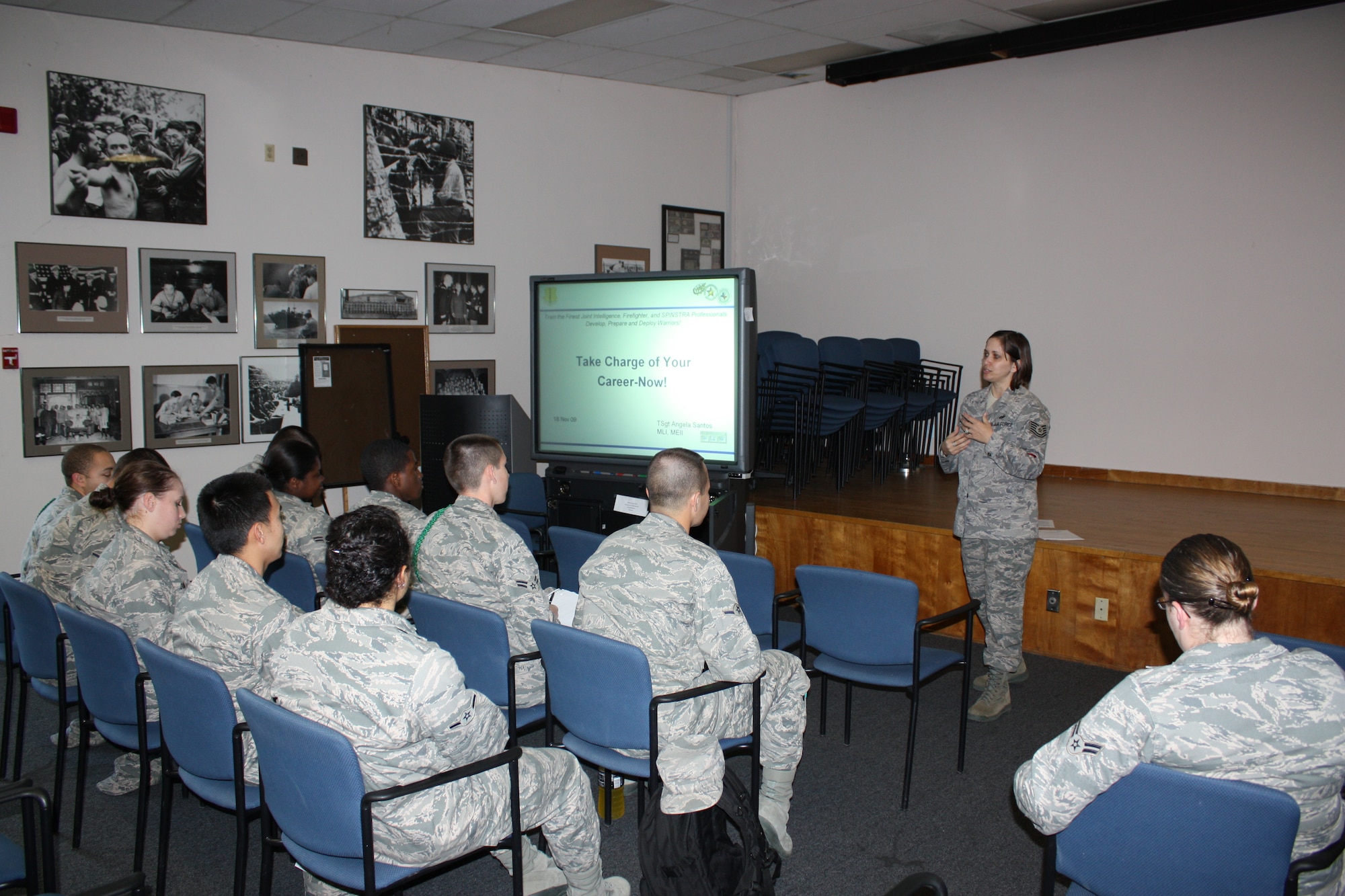 Airmen from the 517th Training Group, Presidio of Monterey, Calif., listen to Tech. Sgt. Angela Santos, 311th Training Squadron, Arabic language Instructor during the newly established Defense Language Institute  56’s first “Take Charge of Your Career Now” brief. 

This was the first briefing conducted by the DLI 56 which is a newly established unit advisory committee similar to Goodfellow’s 56 Council Executive Committee. DLI 56 plans to offer these briefings quarterly to non-prior service Airmen to prepare them for a career in the Air Force.  

Topics discussed include volunteerism, unit participation, Below-the-Zone selection process, academic awards, CLEPS/DANTES, etc. The DLI 56 hopes these briefings will assist not only the military training leaders and their direct supervisors, but also provide the Airmen with a solid foundation for what’s expected of them when they progress in their career(s).(U.S. Air Force photo by Staff Sgt. Damian A. Davies)