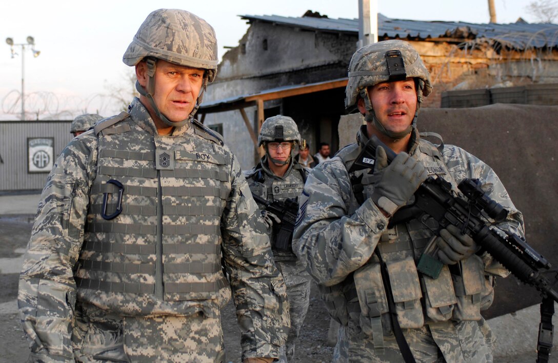Chief Master Sgt. of the Air Force James A. Roy visits with with Master Sgt. Robert Danylchuck as they view the town outside of one of the entry points Nov. 28, 2009, outside of Bagram Airfield, Afghanistan. Sergeant Danylchuck is the 455th Expeditionary Security Forces Squadron NCO in charge of the Alpha sector and deployed from Davis-Monthan Air Force Base, Ariz. (U.S. Air Force photo/Tech. Sgt. John Jung)
