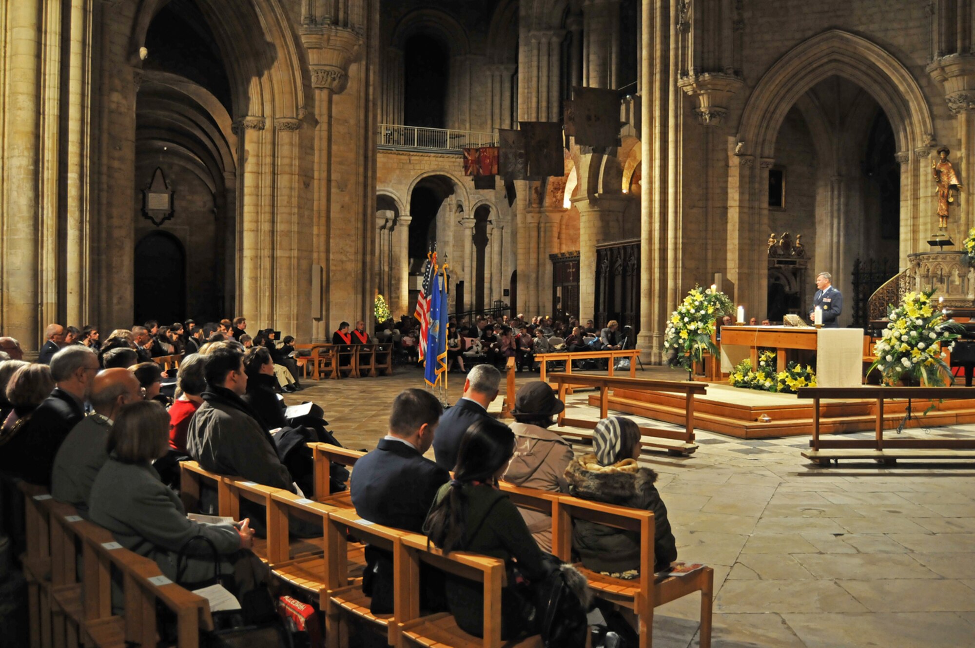 Chaplain (Brig. Gen.) David H. Cyr, USAF Deputy Chief of Chaplains, delivers a holiday message to approximately 1,200 British and American men and women during the Ely Cathedral Thanksgiving Eve service Nov. 25.(U.S. Air Force photo by Tim Barlow)
