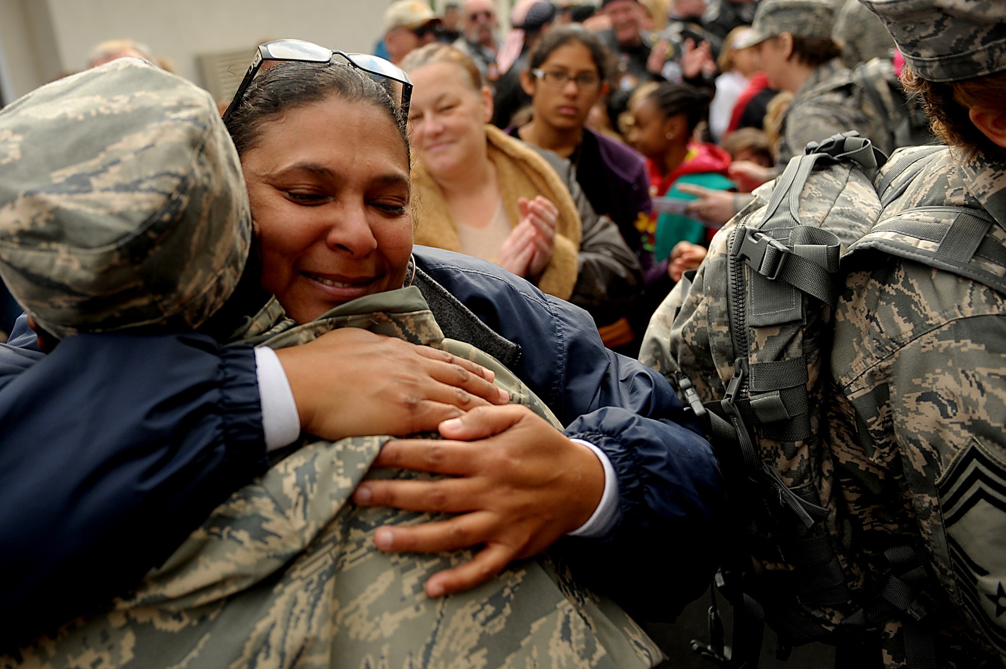 An Airman receives a hug from a military supporter at America's Best Value Inn, Cherry Hill, N.J., Nov. 26. Airmen, Soldiers and Sailors were able to take a break from combat skills training at Joint Base McGuire-Dix-Lakehurst, N.J., to indulge in a Thanksgiving Day feast with supporters of the military from the local community.
(U.S. Air Force Photo/ Senior Airman Nicholas Pilch)(RELEASED)