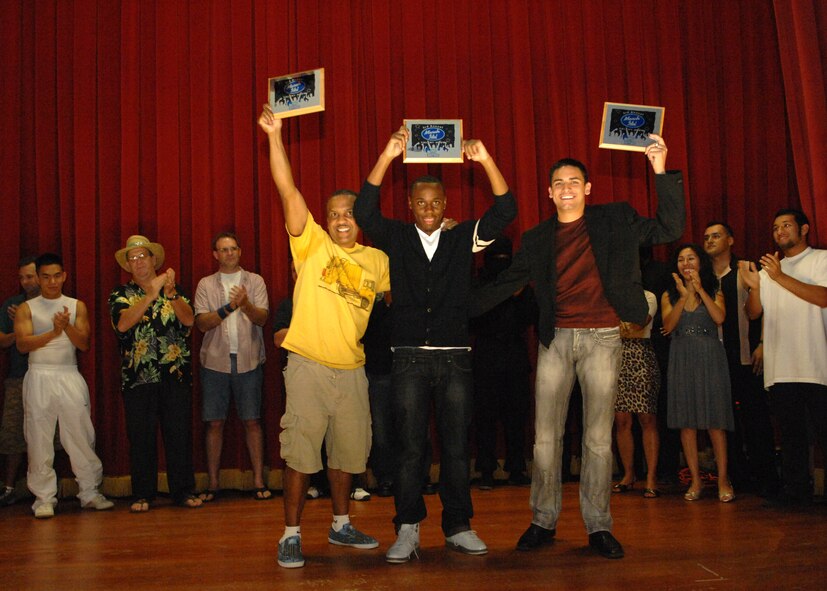 The three winners from March Idol hold up their plaques, from left to right and third to first place, are Senior Master Sgt. Esteban Rodriguez from the 452 OG, Chris Peters, a dependent, Staff Sgt. Rick Rosales from the 452 AMDS. (U.S. Air Force photo by Staff Sgt. Stephen Schester)