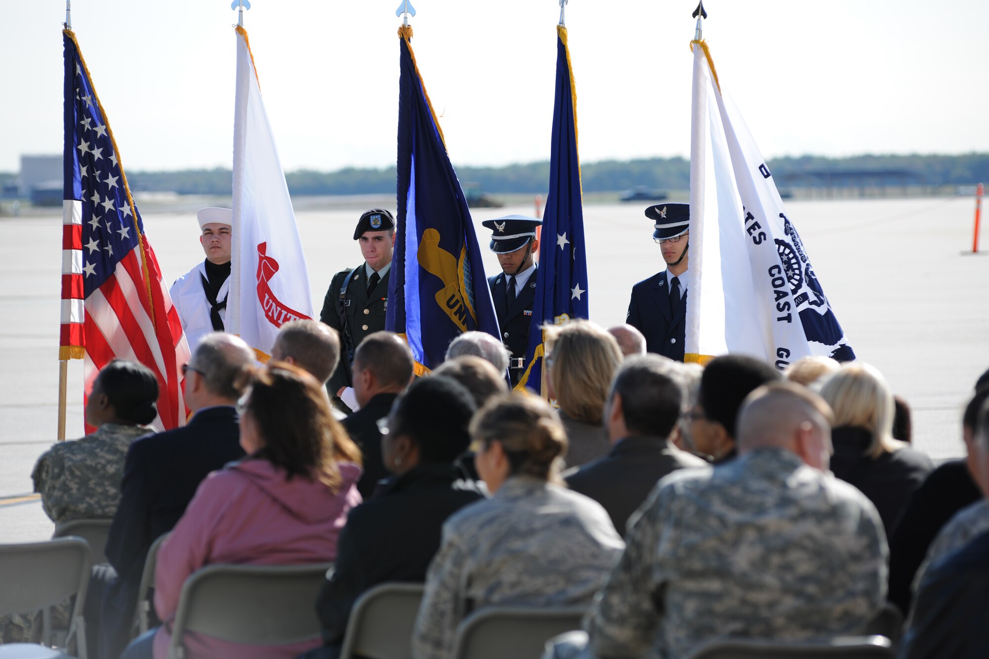 A joint service honor guard takes part in a Joint Base McGuire-Dix-Lakehurst commander’s call on Oct 1.The commander’s call marks the inauguration of   America’s first tri-service base. (U.S. Air Force photo/Staff Sgt. Nathaniel Bevier)