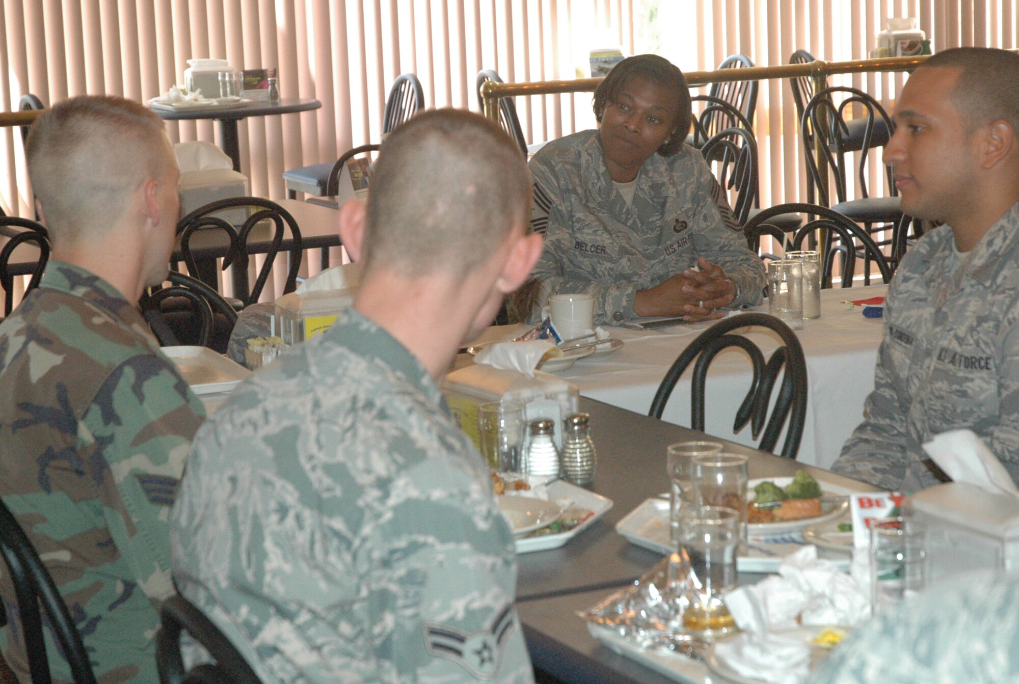 Chief Master Sgt. Bernise Belcer hosts a luncheon Sept. 25 at the Berg Liles Dining Facility to reach out to Airmen and answer any of their questions regarding Air Force life. (U.S. Air Force photo by Airman 1st Class Rachelle Elsea) 