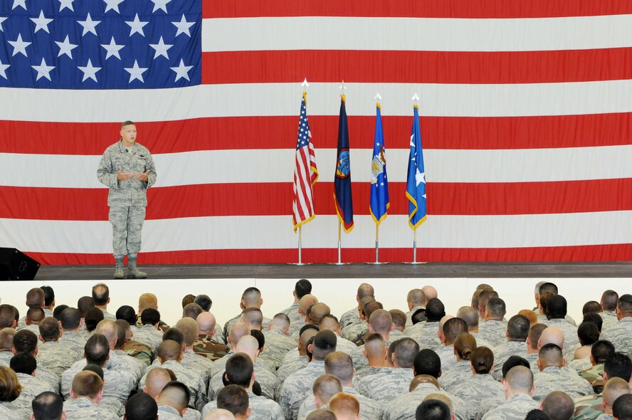 ANDERSEN AIR FORCE BASE, Guam -  General Gary North addresses Team Andersen for the first time as Commander of the Pacific Air Forces at an Airmen's Call in hangar six here Sept. 23. (U.S. Air Force photo by Senior Airman Nichelle Anderson)