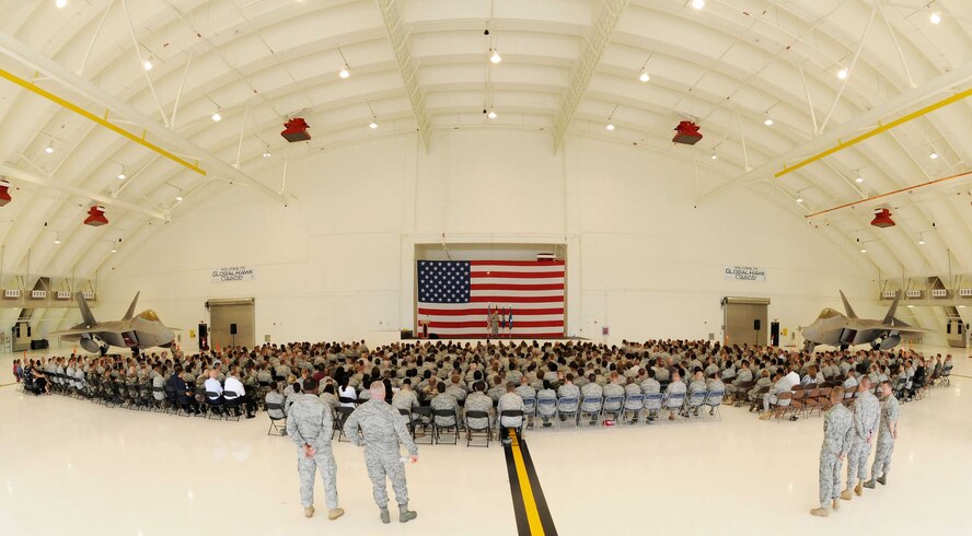 ANDERSEN AIR FORCE BASE, Guam -  General Gary North addresses Team Andersen for the first time as Commander of the Pacific Air Forces at an Airmen's Call in hangar six here Sept. 23. (U.S. Air Force photo by Senior Airman Nichelle Anderson)