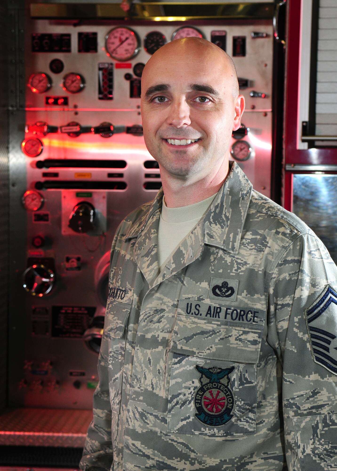 U.S. Air Force Senior Master Sgt. Shawn Ricchuito, 886th Civil Engineer Squadron firefighter recently received a bronze star for his meritorious service as the 379th Expeditionary Civil Engineer Squadron fire chief while supporting Operation Enduring and Iraqi Freedom. The citation for the award explained that during his time with the 379th Expeditionary Wing, Sergeant Ricchuito displayed superior leadership while integrating 240 personnel from 35 installations across four air and space expeditionary force rotations to support firefighting support and emergency services for more than 1,600 facilities, 8,700 joint and coalition combat partners and more than 100 aircraft. (U.S. Air Force photo by Staff Sgt. Jocelyn Rich)