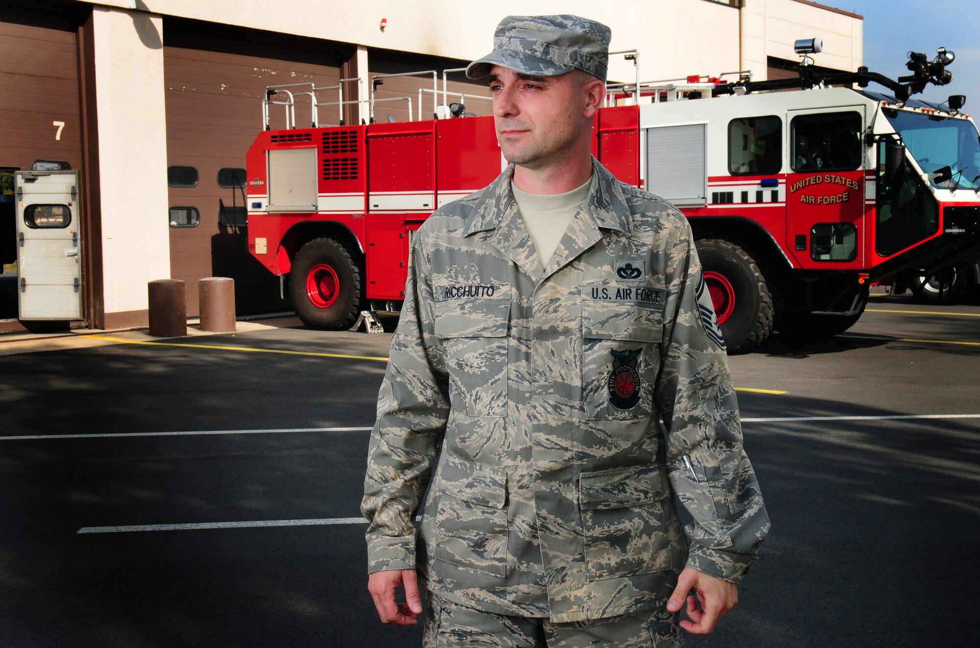 U.S. Air Force Senior Master Sgt. Shawn Ricchuito, 886th Civil Engineer Squadron firefighter recently received a bronze star for his meritorious service as the 379th Expeditionary Civil Engineer Squadron fire chief while supporting Operation Enduring and Iraqi Freedom. The citation for the award explained that during his time with the 379th Expeditionary Wing, Sergeant Ricchuito displayed superior leadership while integrating 240 personnel from 35 installations across four air and space expeditionary force rotations to support firefighting support and emergency services for more than 1,600 facilities, 8,700 joint and coalition combat partners and more than 100 aircraft. (U.S. Air Force photo by Staff Sgt. Jocelyn Rich)