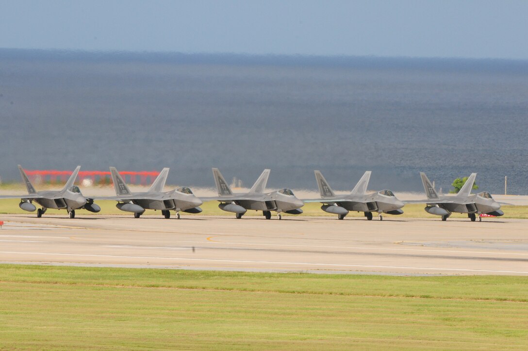 Ten F-22A Raptors assigned to the 94th Expeditionary Fighter Squadron completed a deployment to Kadena and departed, with tanker support from various Pacific locations, for their home station at Langley Air Force Base, Va, Oct.1. While at Kadena, the aircraft conducted training in order to fulfill U.S.security obligations in the region and to accomplish essential Air Force training requirements.
(U.S. Air Force photo/Staff Sgt. Lakisha A. Croley)