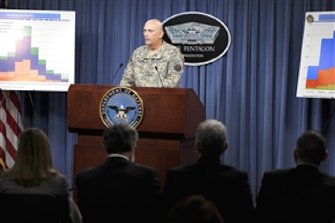 U.S. Army Gen. Raymond T. Odierno, commander of Multinational Force Iraq, answers a question from a member of the press following a briefing in the Pentagon on the situation in Iraq, Oct. 1, 2009.