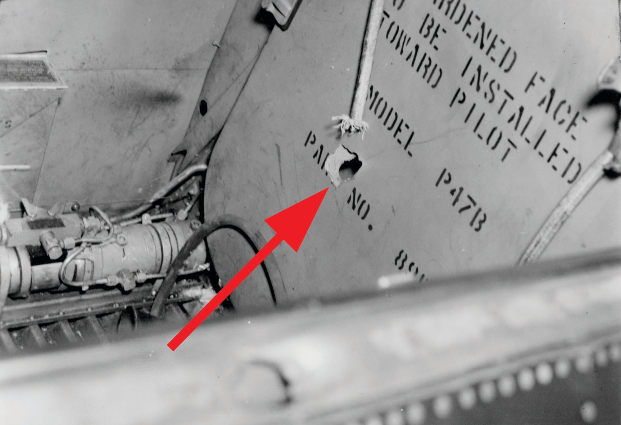 Most tactical fighter-bomber units flew the Thunderbolt, which was an excellent aircraft for the mission. One important feature of the P-47 was its ruggedness, due in part to armor plating in vital areas. These pieces of armor protected the pilot from the front and from behind. (U.S. Air Force photo)