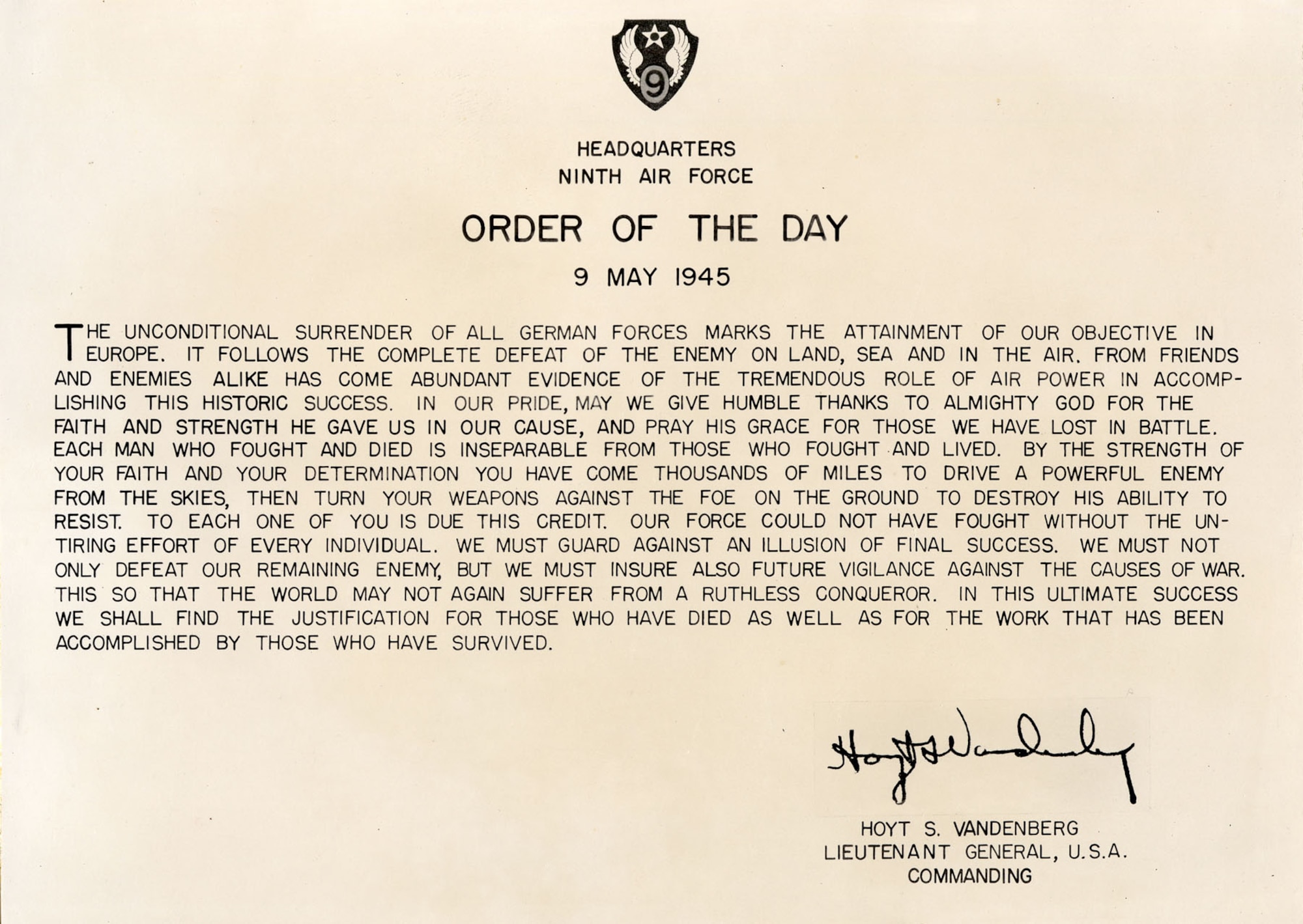 9th Air Force Order of the Day, May 9, 1945. (U.S. Air Force photo)