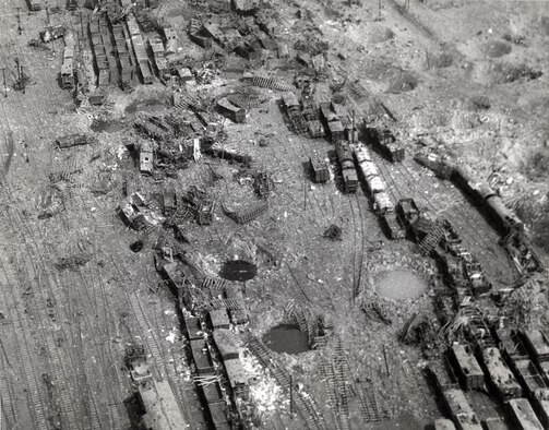 Railroad yard near Limburg, Germany, struck by 9th Air Force light and medium bombers on Dec. 23, 1944, the first day of good weather during the Battle of the Bulge. Unfortunately, since the rail cars were not marked per the Geneva Convention, Allied POWs in transit sometimes lost their lives in rail attacks. (U.S. Air Force photo)