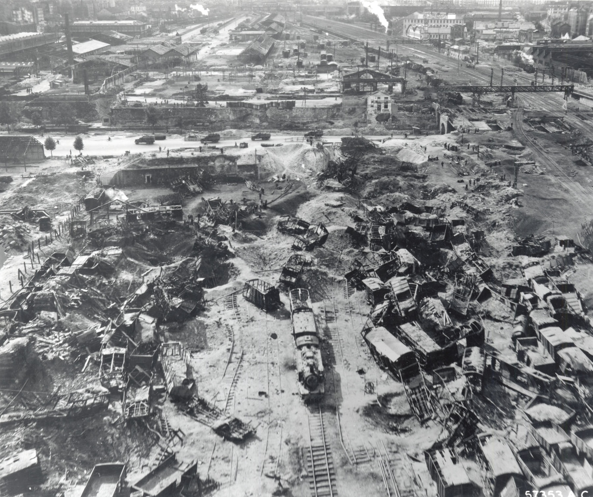 Paris railroad marshaling yard destroyed before D-Day to hinder German reinforcement of Normandy. (U.S. Air Force photo)